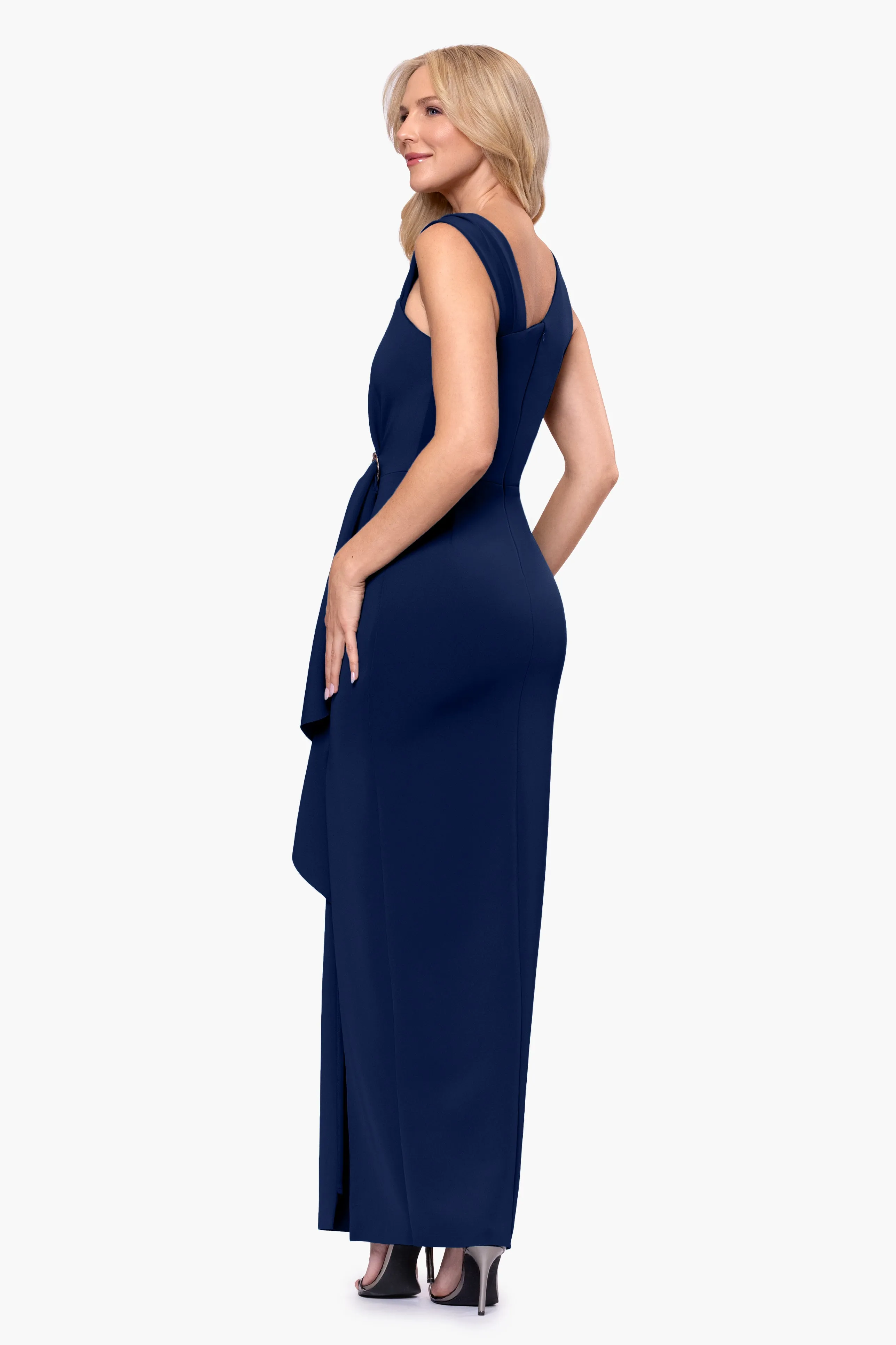 "Lucy" Techno Scuba Asymmtrical Neck Floor Length Dress sold by Betsy & Adam product image thumbnail 3