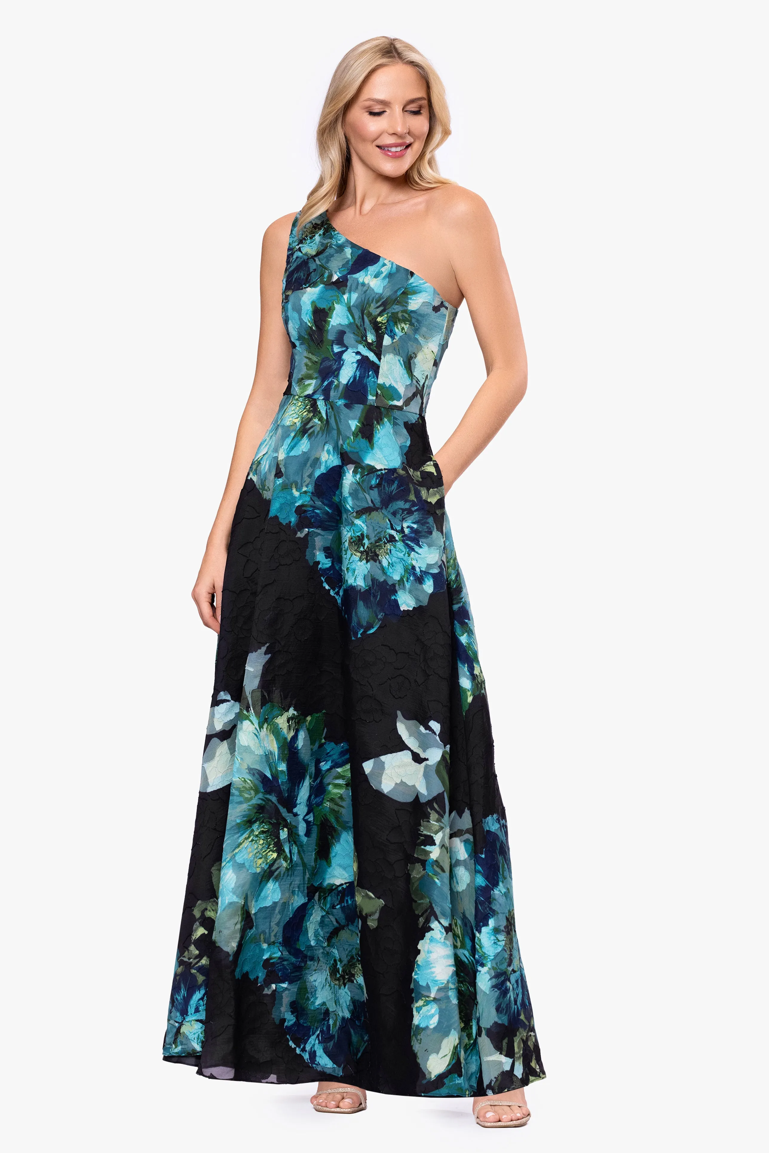 Petite "Carli" Chiffon Jacquard Burnout One Shoulder Floor Length Dress sold by Betsy & Adam product image thumbnail 5