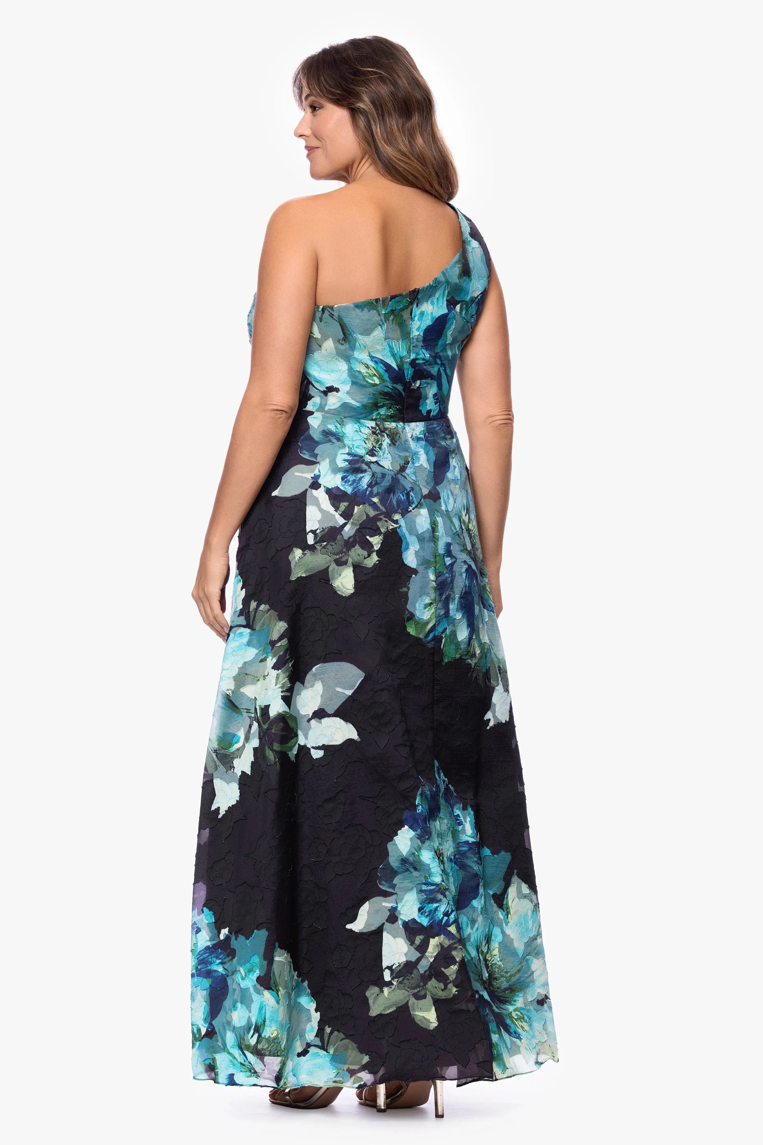 Plus "Carli" Chiffon Jacquard Burnout One Shoulder Floor Length Dress sold by Betsy & Adam product image thumbnail 3