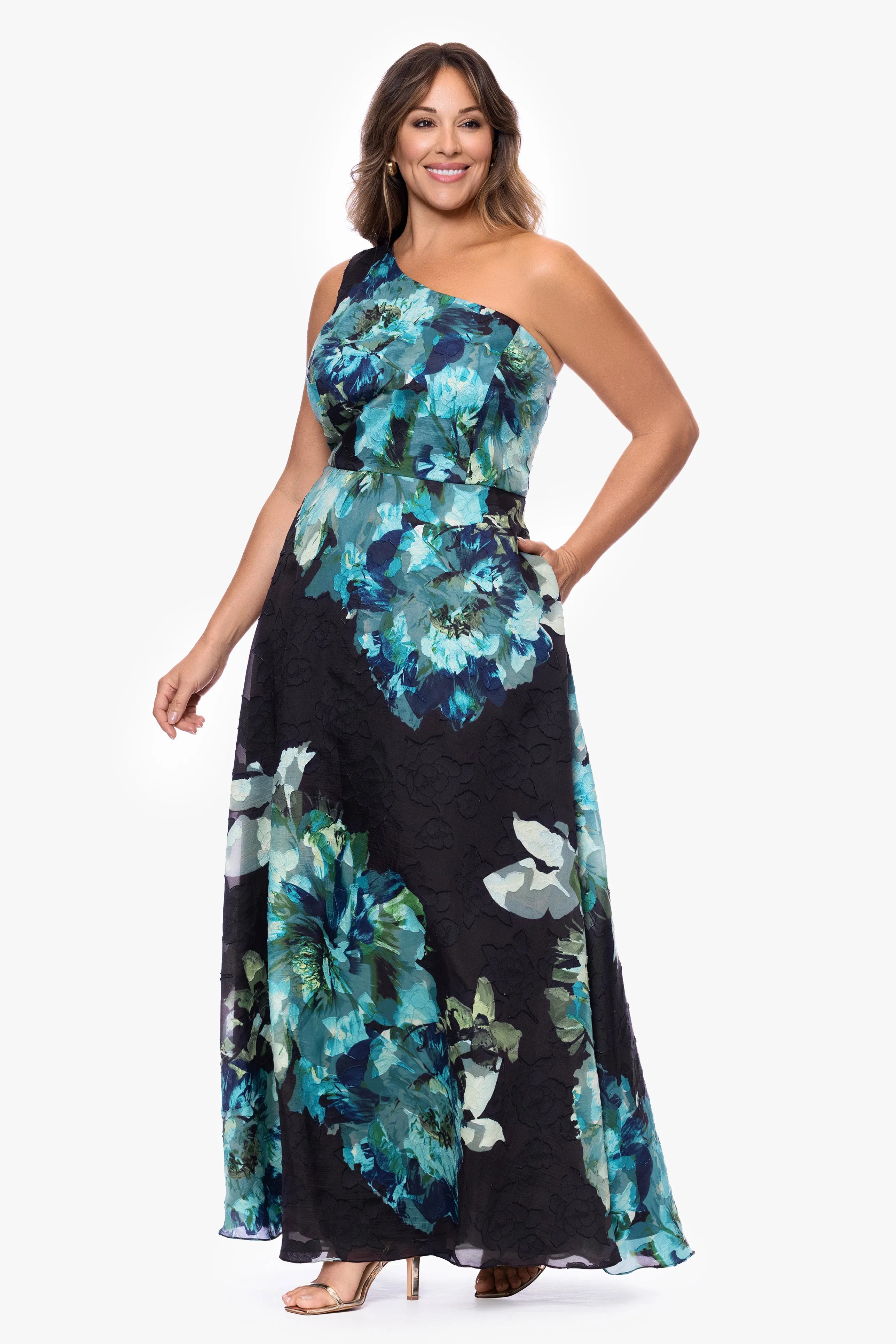 Plus "Carli" Chiffon Jacquard Burnout One Shoulder Floor Length Dress sold by Betsy & Adam product image thumbnail 4
