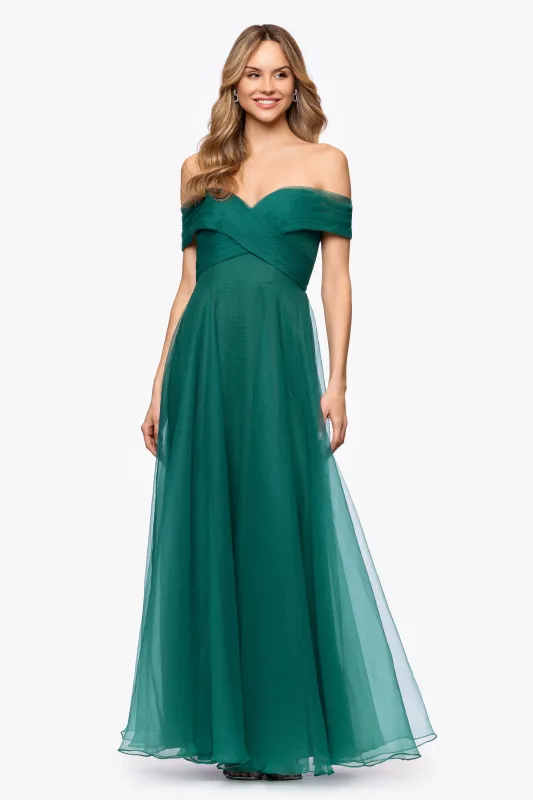 Petite "Paige" Organza Off the Shoulder Floor Length Dress sold by Betsy & Adam