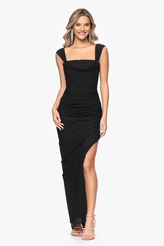 "Janice" Mesh Square Neck Floor Length Dress made by Betsy & Adam