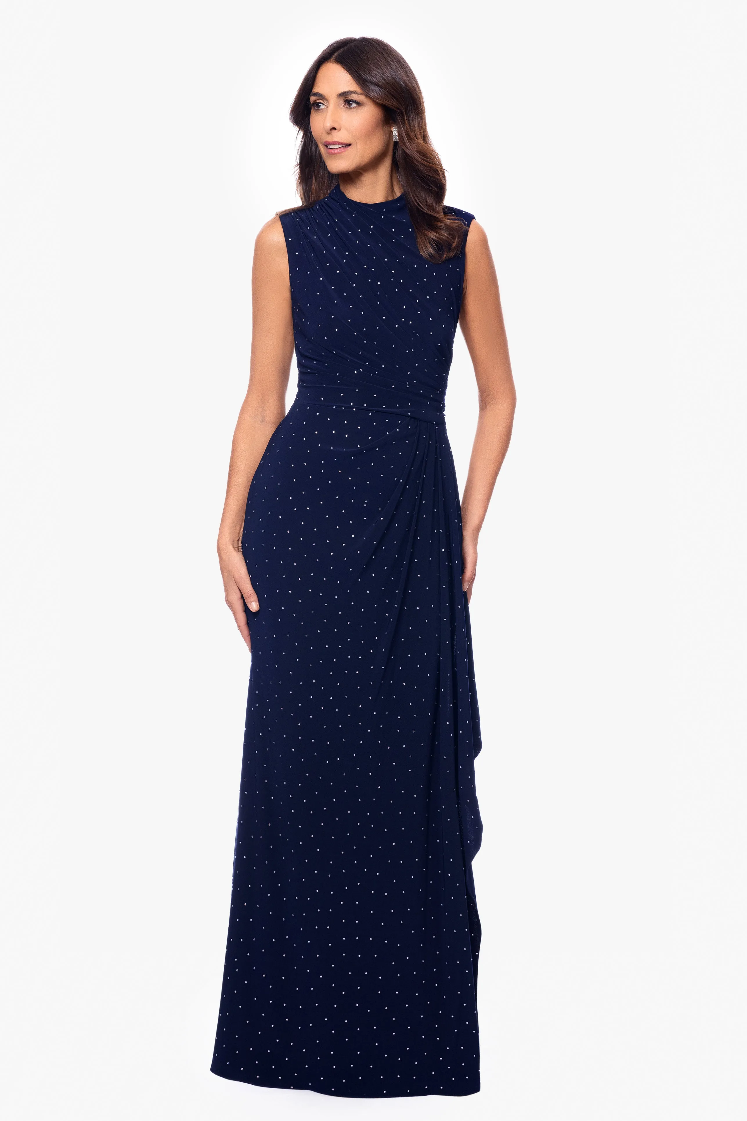 "Nadia" Long Studded Jersey Knit Side Ruffle Dress sold by Betsy & Adam