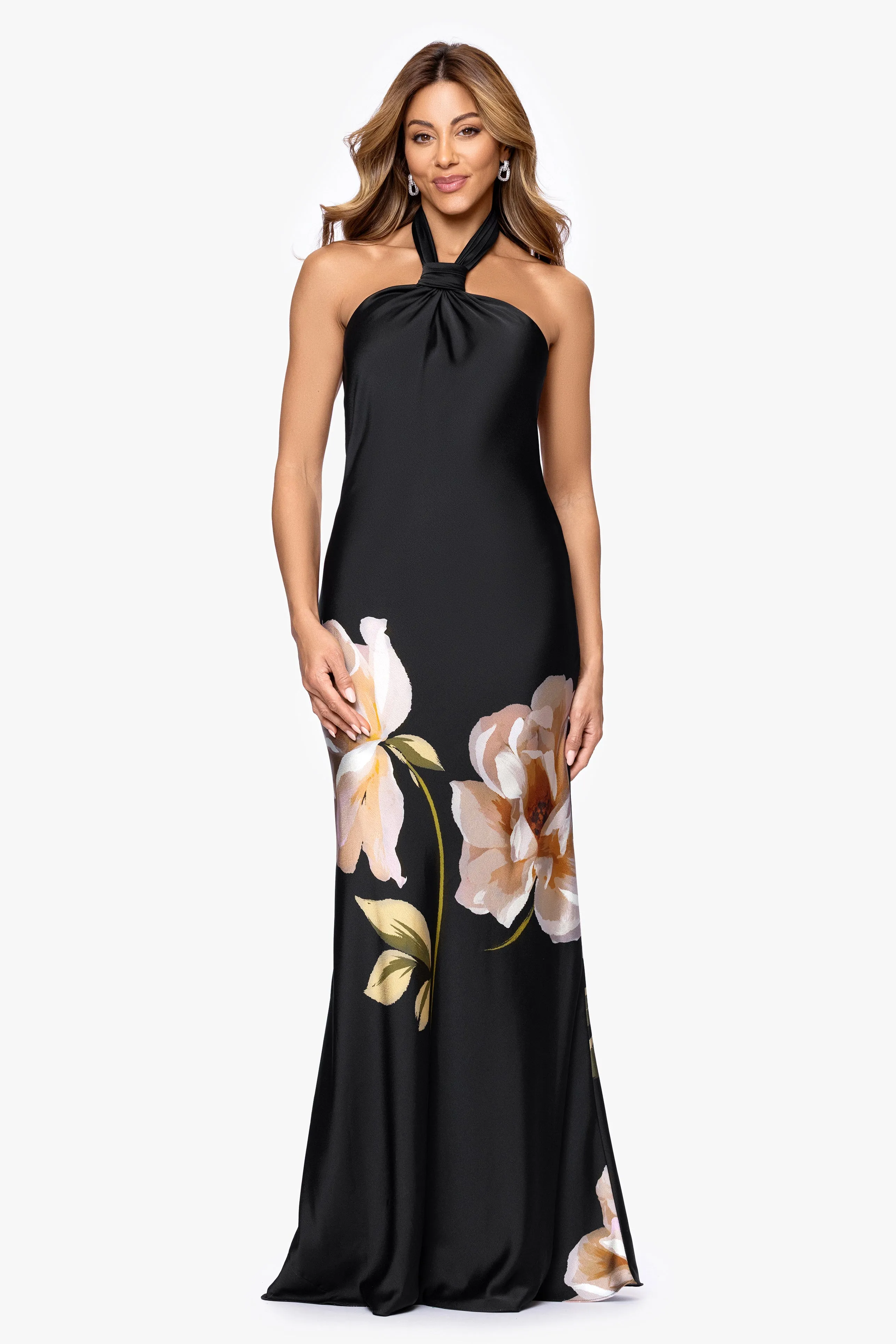 Petite "Nyla" Satin Printed Knot Neck Floor Length Dress sold by Betsy & Adam product image thumbnail 5