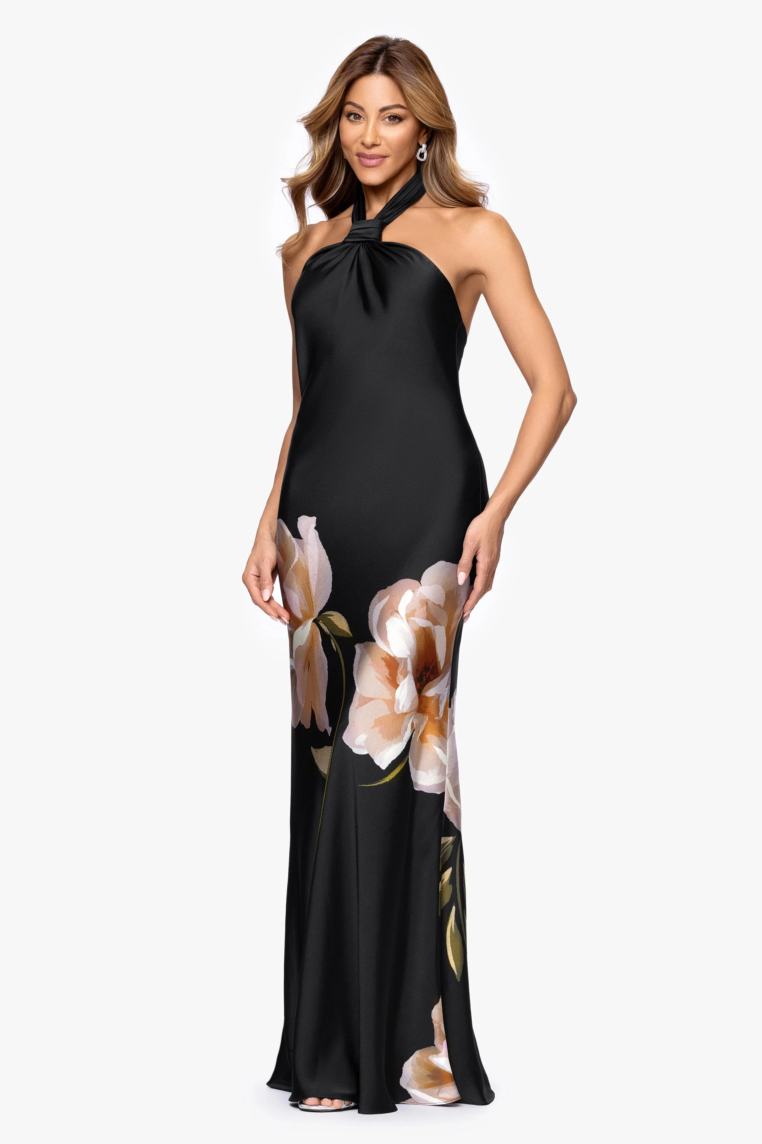 Petite "Nyla" Satin Printed Knot Neck Floor Length Dress sold by Betsy & Adam product image thumbnail 4