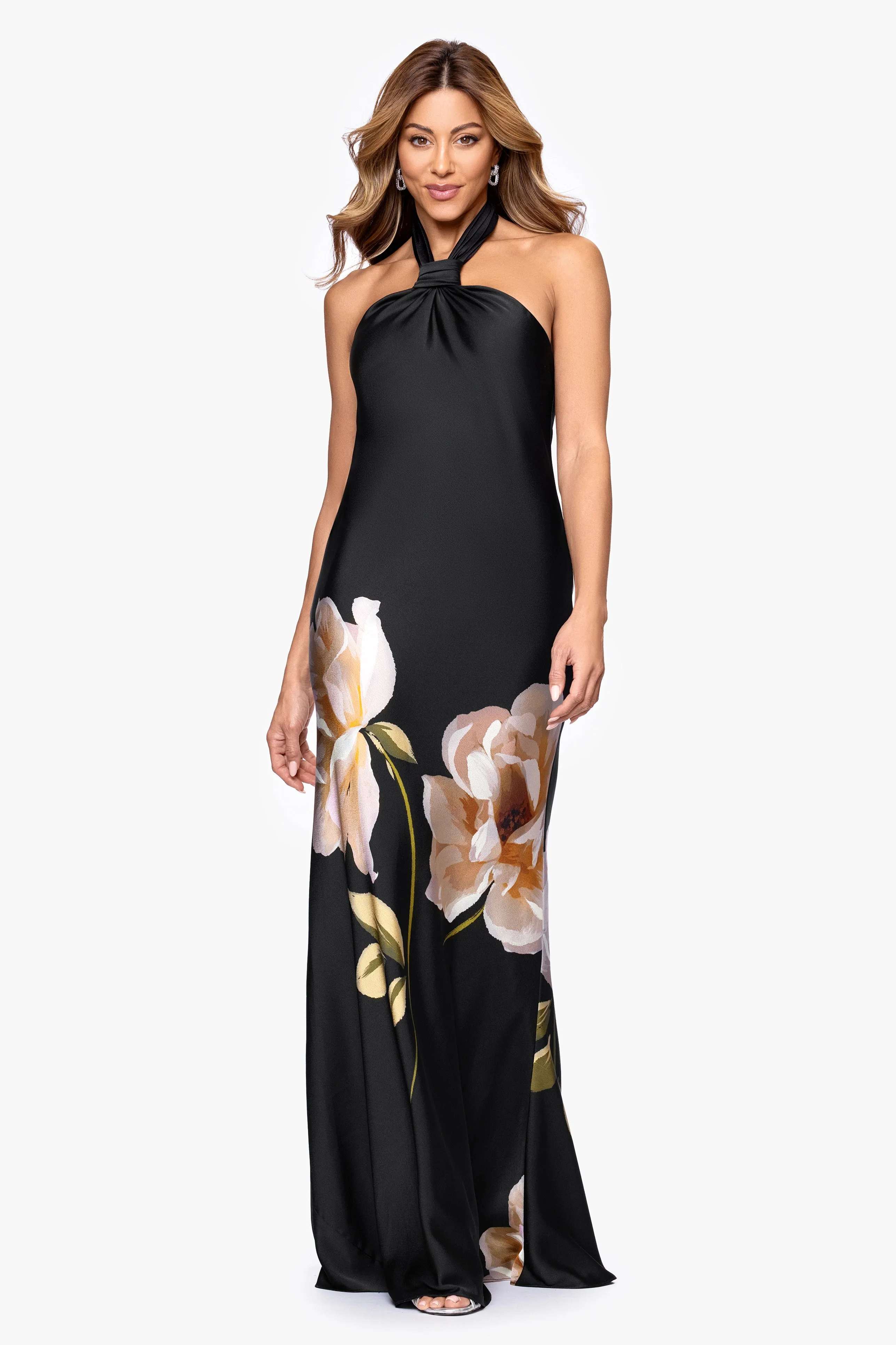 Petite "Nyla" Satin Printed Knot Neck Floor Length Dress sold by Betsy & Adam