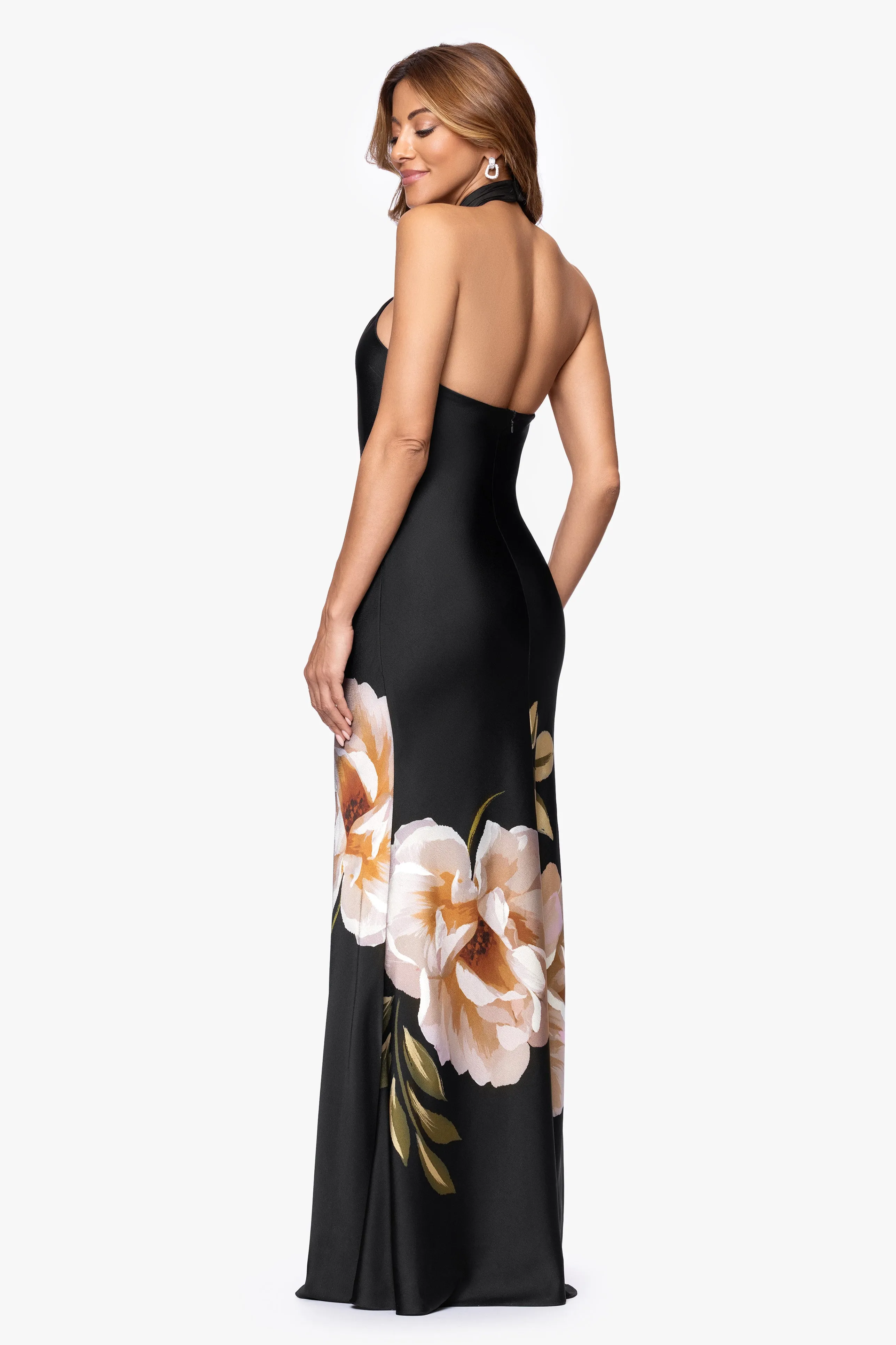 Petite "Nyla" Satin Printed Knot Neck Floor Length Dress sold by Betsy & Adam product image thumbnail 3