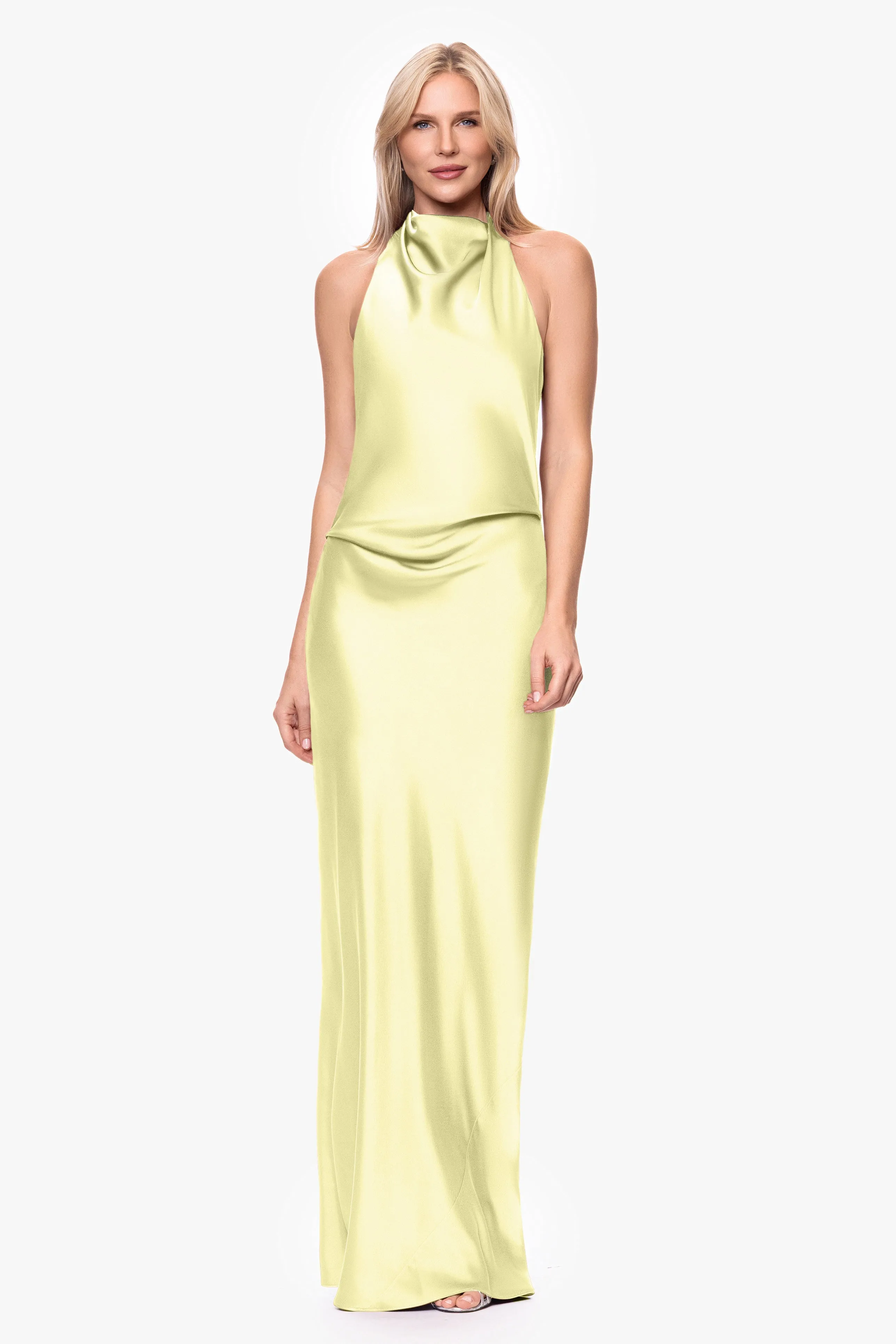 "Amina" Satin Halter Floor Length Dress sold by Betsy & Adam