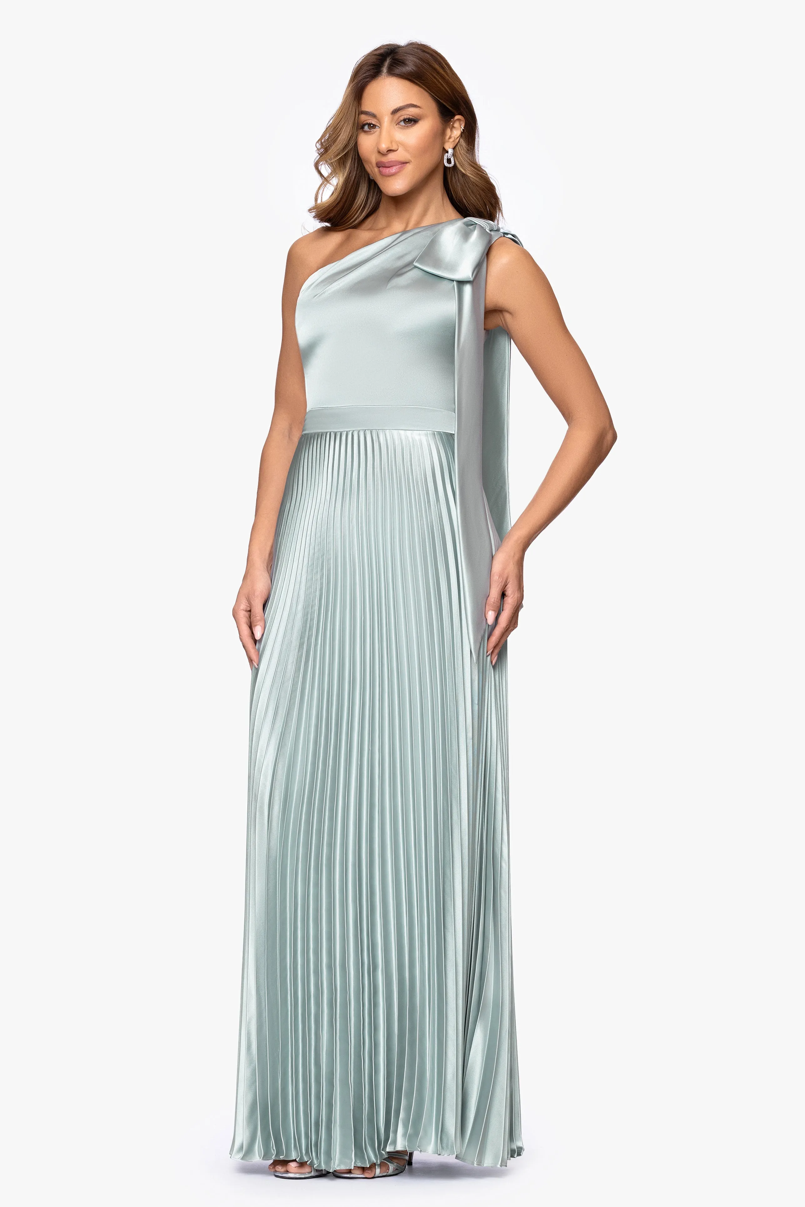 "Matilda" Satin One Shoulder Pleated Floor Length Dress sold by Betsy & Adam product image thumbnail 4