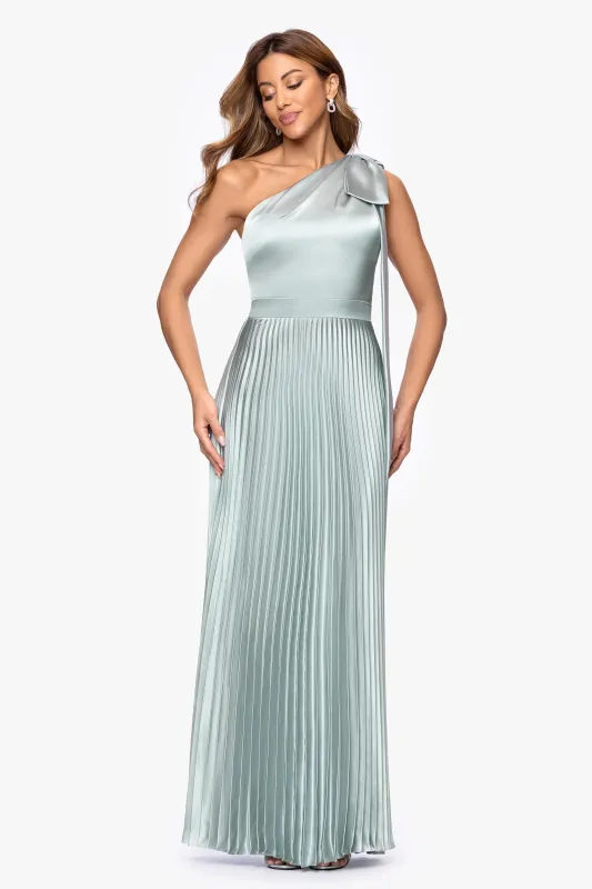 "Matilda" Satin One Shoulder Pleated Floor Length Dress sold by Betsy & Adam