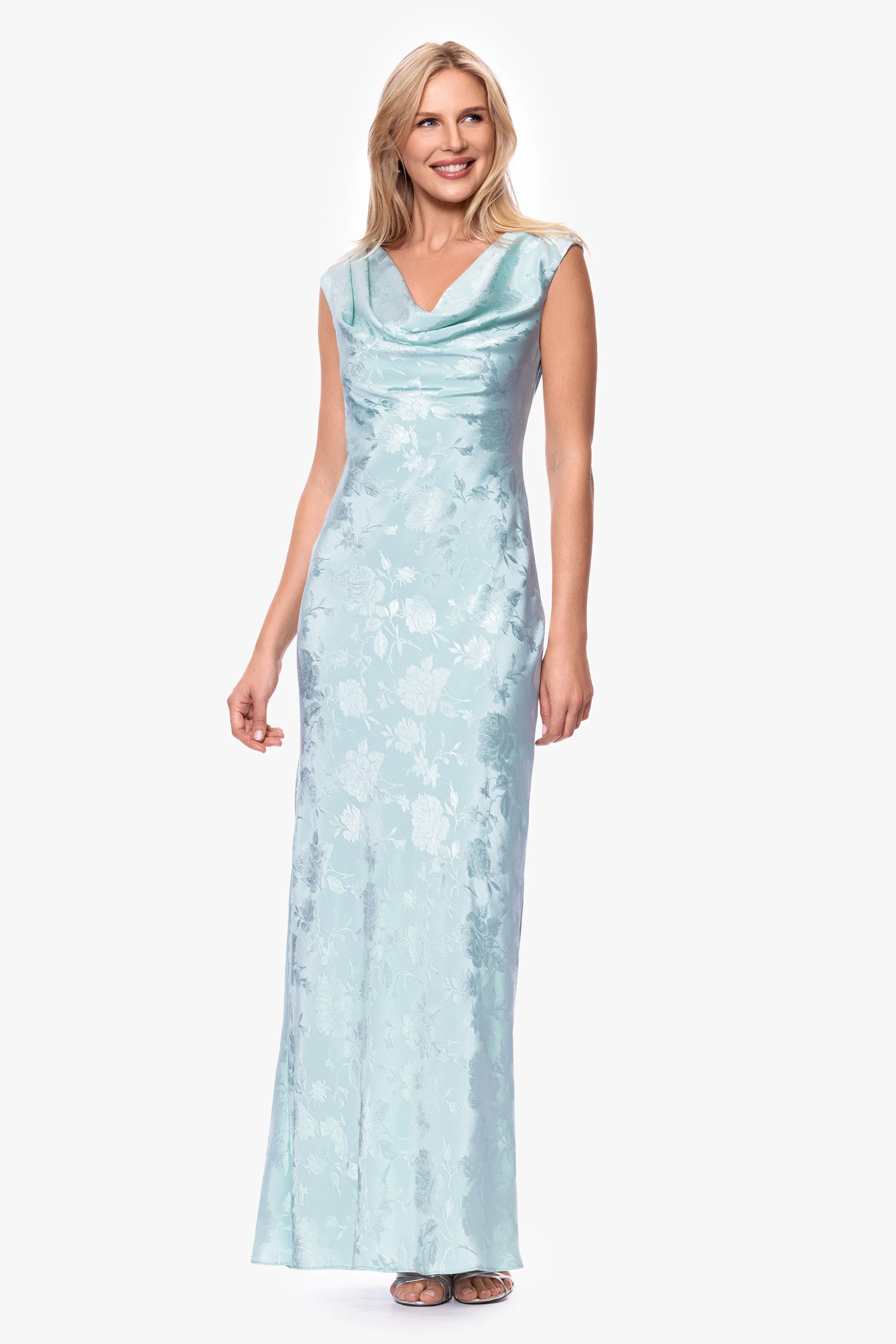 "Kayley" Satin Floral Cowl Neck Floor Length Dress sold by Betsy & Adam