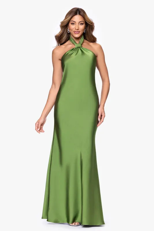 "Esmerelda" Satin Double Knotted Halter Neck Floor Length Dress sold by Betsy & Adam