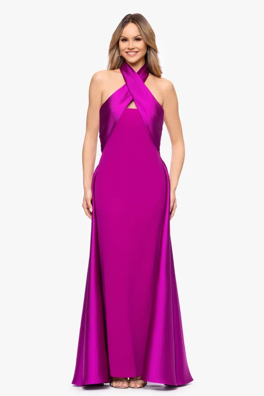 "Dina" Scuba Crepe Twist Halter Neck Floor Length Gown sold by Betsy & Adam