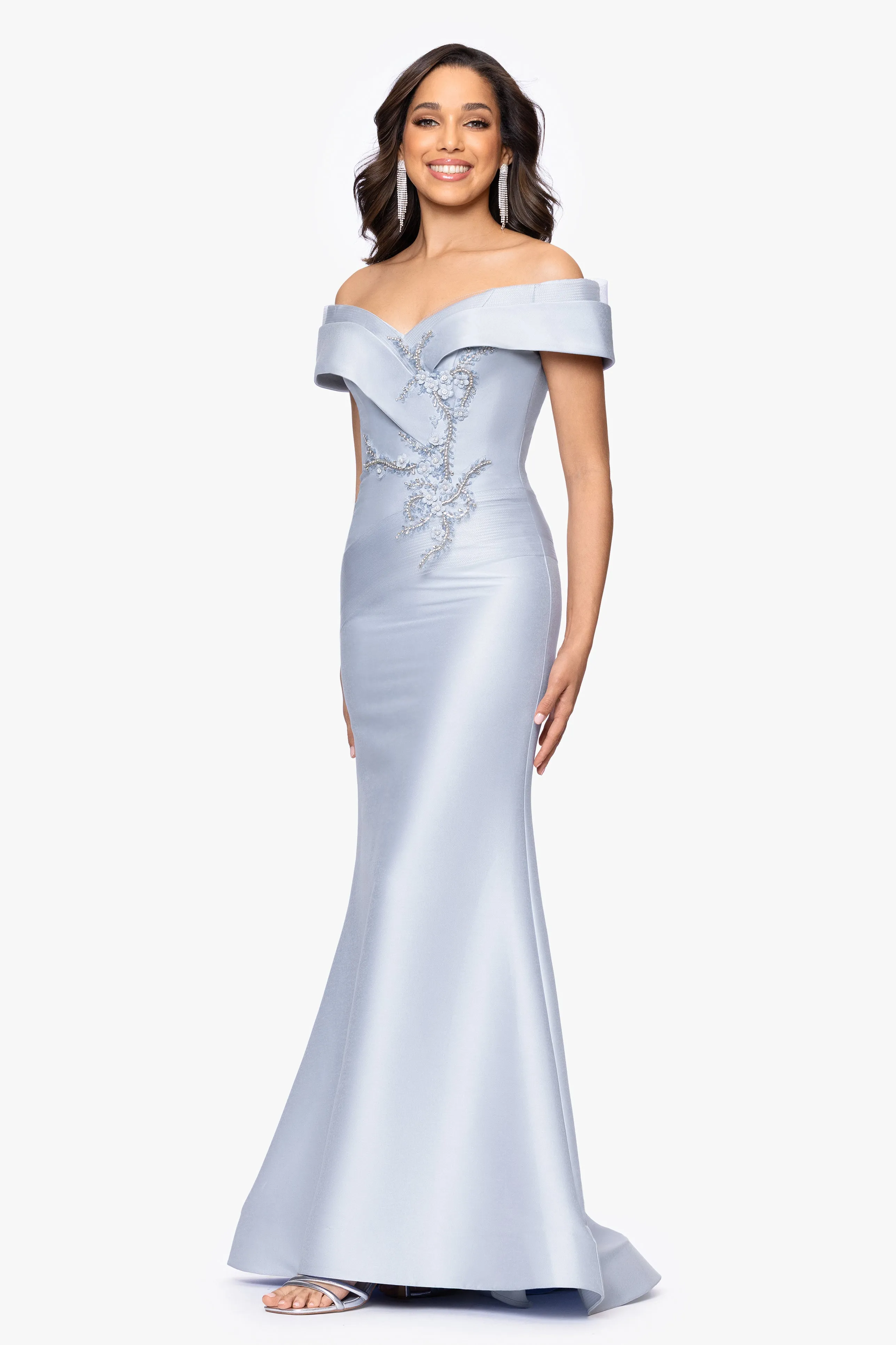 "Zara" Mikado Off the Shoulder Floral Bead Floor Length Dress sold by Betsy & Adam product image thumbnail 4