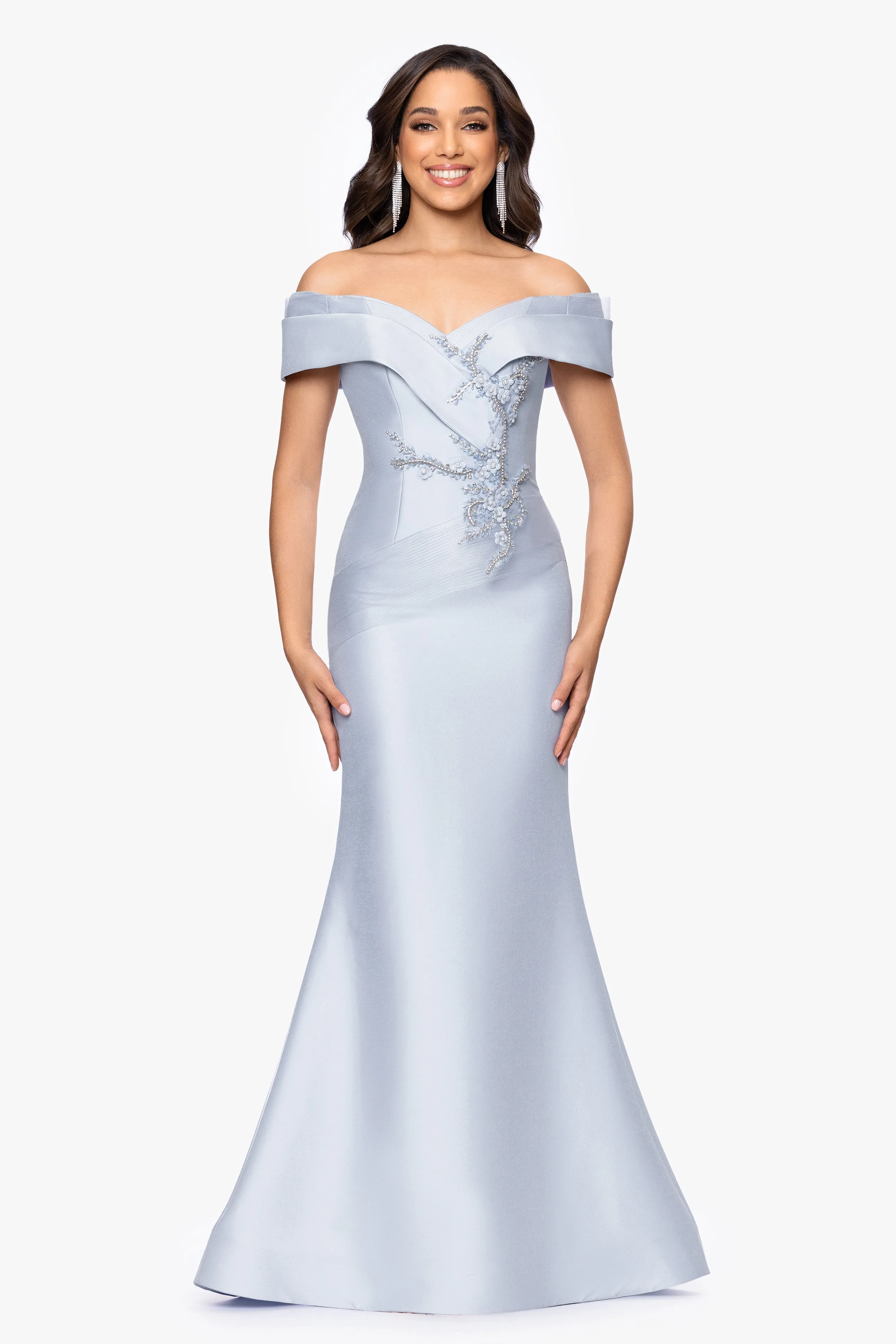 "Zara" Mikado Off the Shoulder Floral Bead Floor Length Dress sold by Betsy & Adam