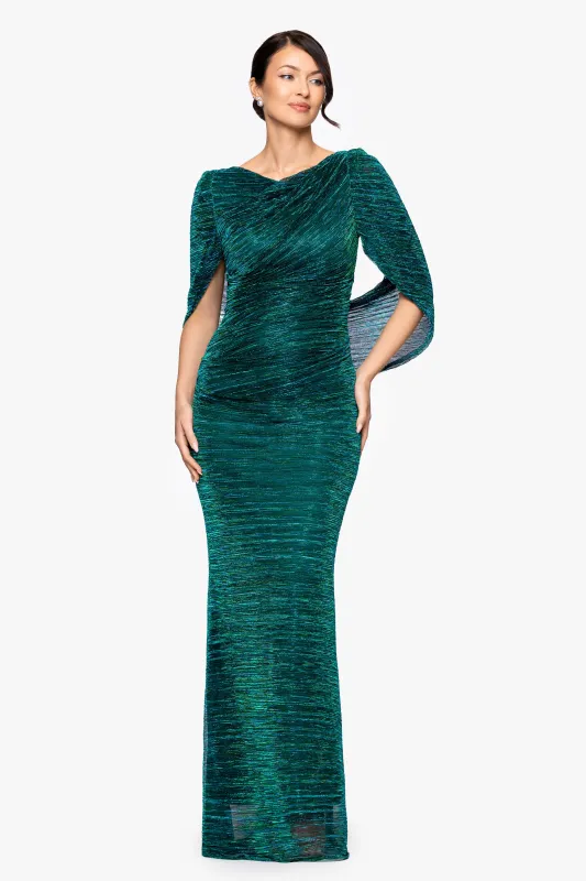 Petite "Tamsin" Long Metallic Knit Long Sleeve Drape Dress made by Betsy & Adam