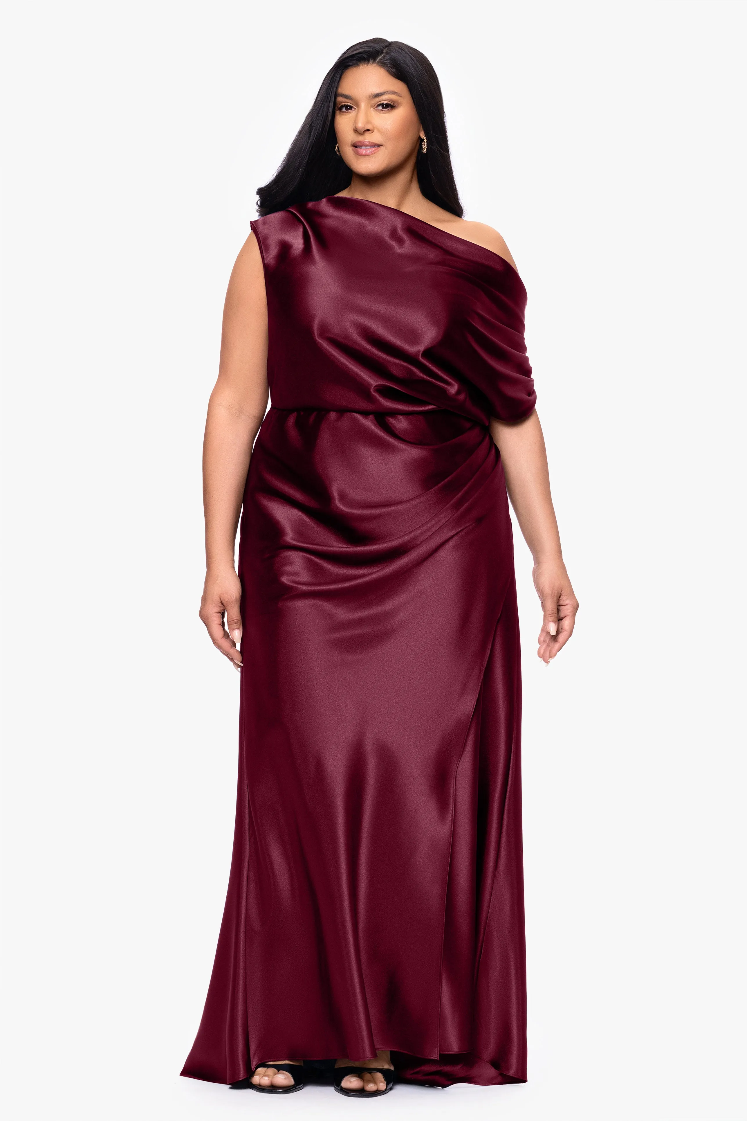 Plus "Sofia" Satin Drop Shoulder Floor Length Dress sold by Betsy & Adam
