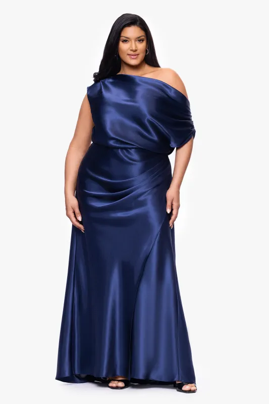 Plus "Sofia" Satin Drop Shoulder Floor Length Dress sold by Betsy & Adam