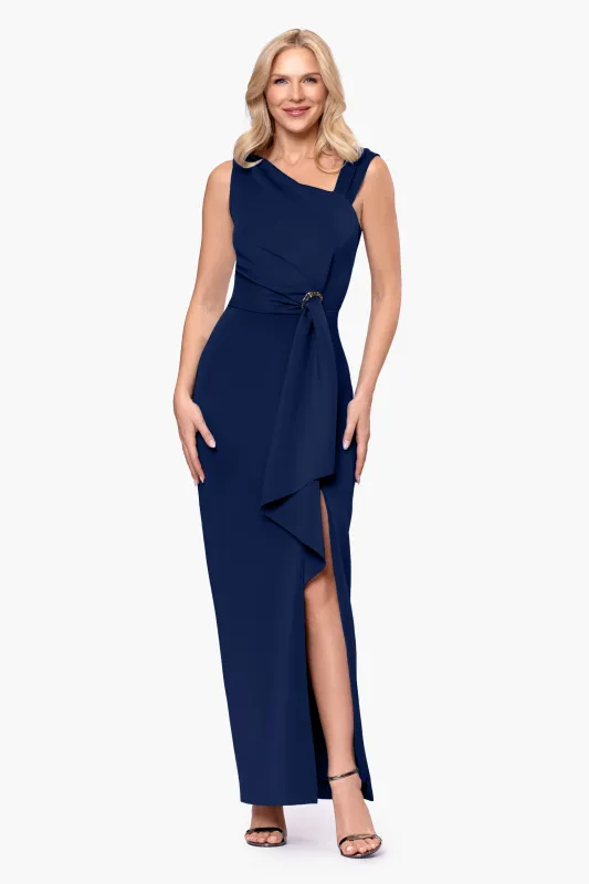 Petite "Lucy" Techno Scuba Asymmetrical Neck Floor Length Dress made by Betsy & Adam