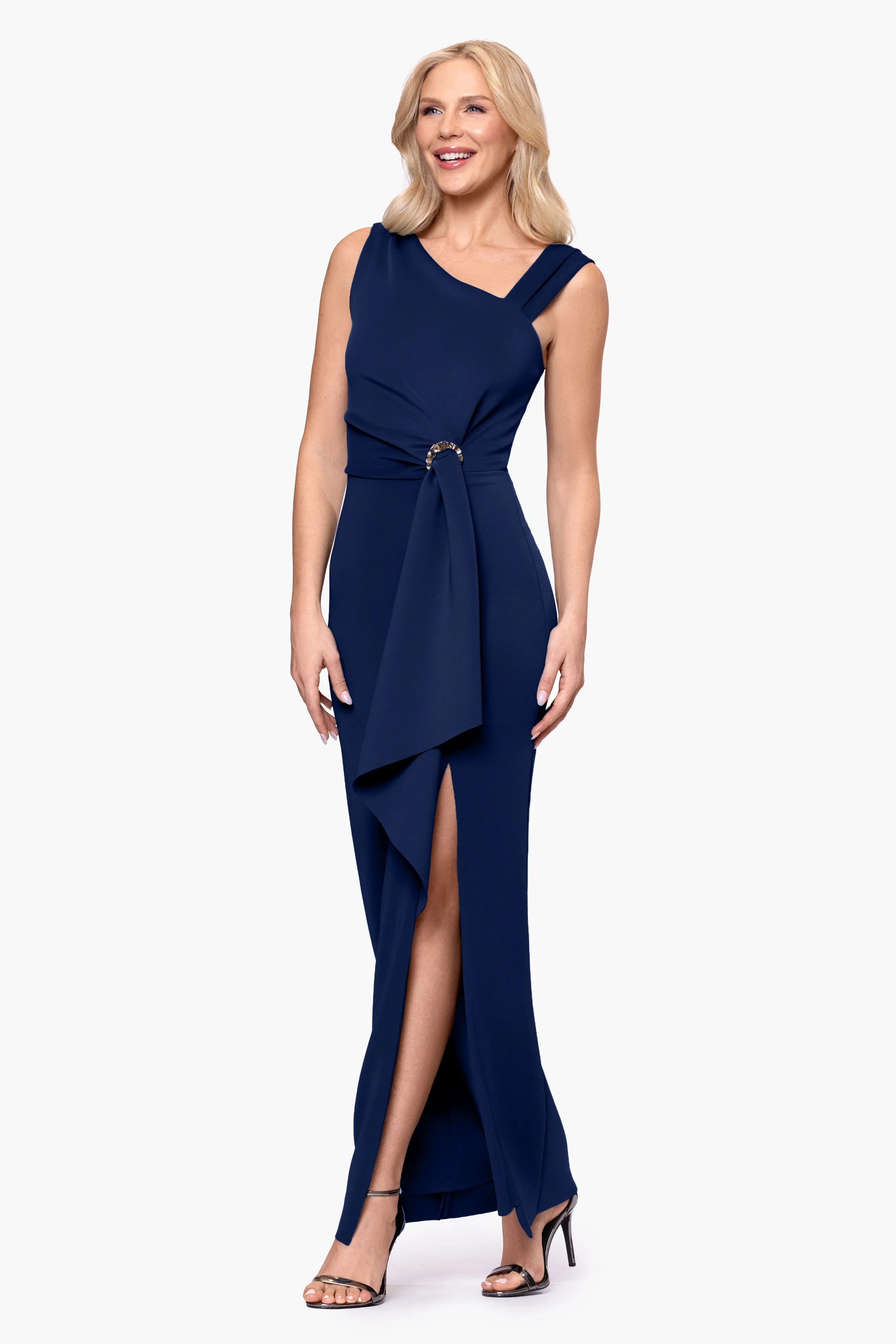 Petite "Lucy" Techno Scuba Asymmetrical Neck Floor Length Dress sold by Betsy & Adam product image thumbnail 4