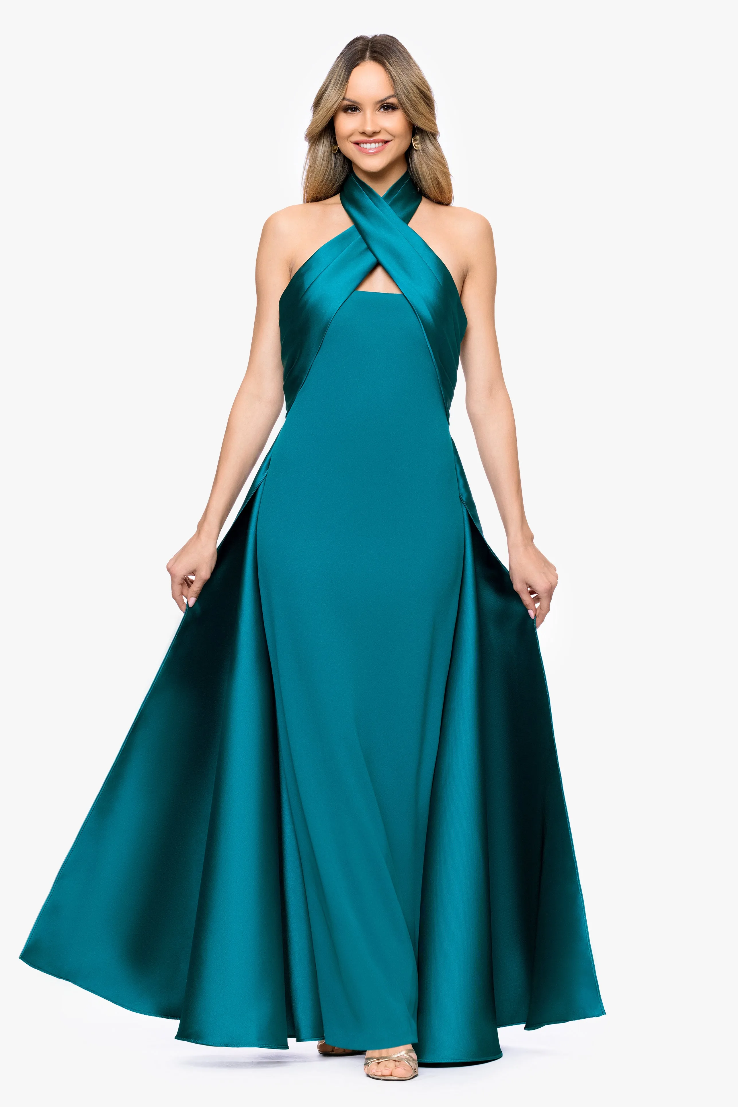 "Dina" Scuba Crepe Twist Halter Neck Floor Length Gown sold by Betsy & Adam