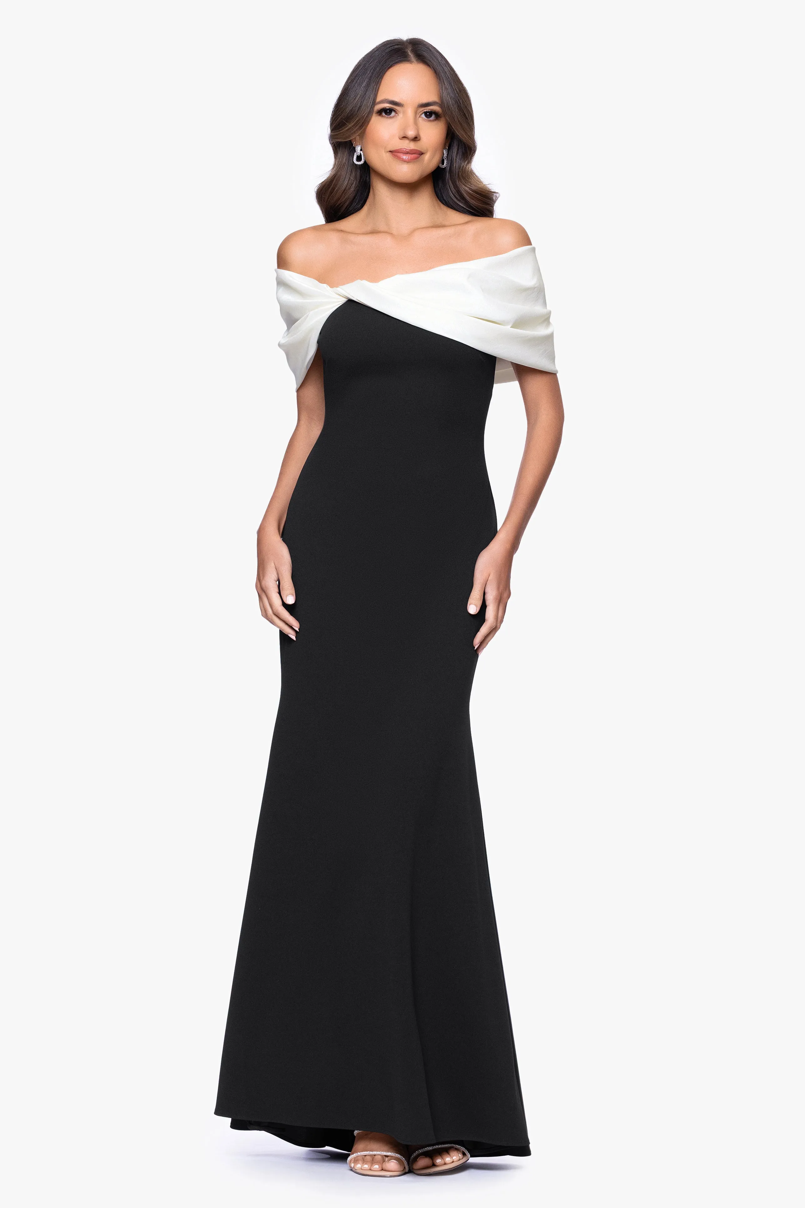 "Michelle" Scuba Crepe Off the Shoulder Taffeta Trim Floor Length Dress sold by Betsy & Adam