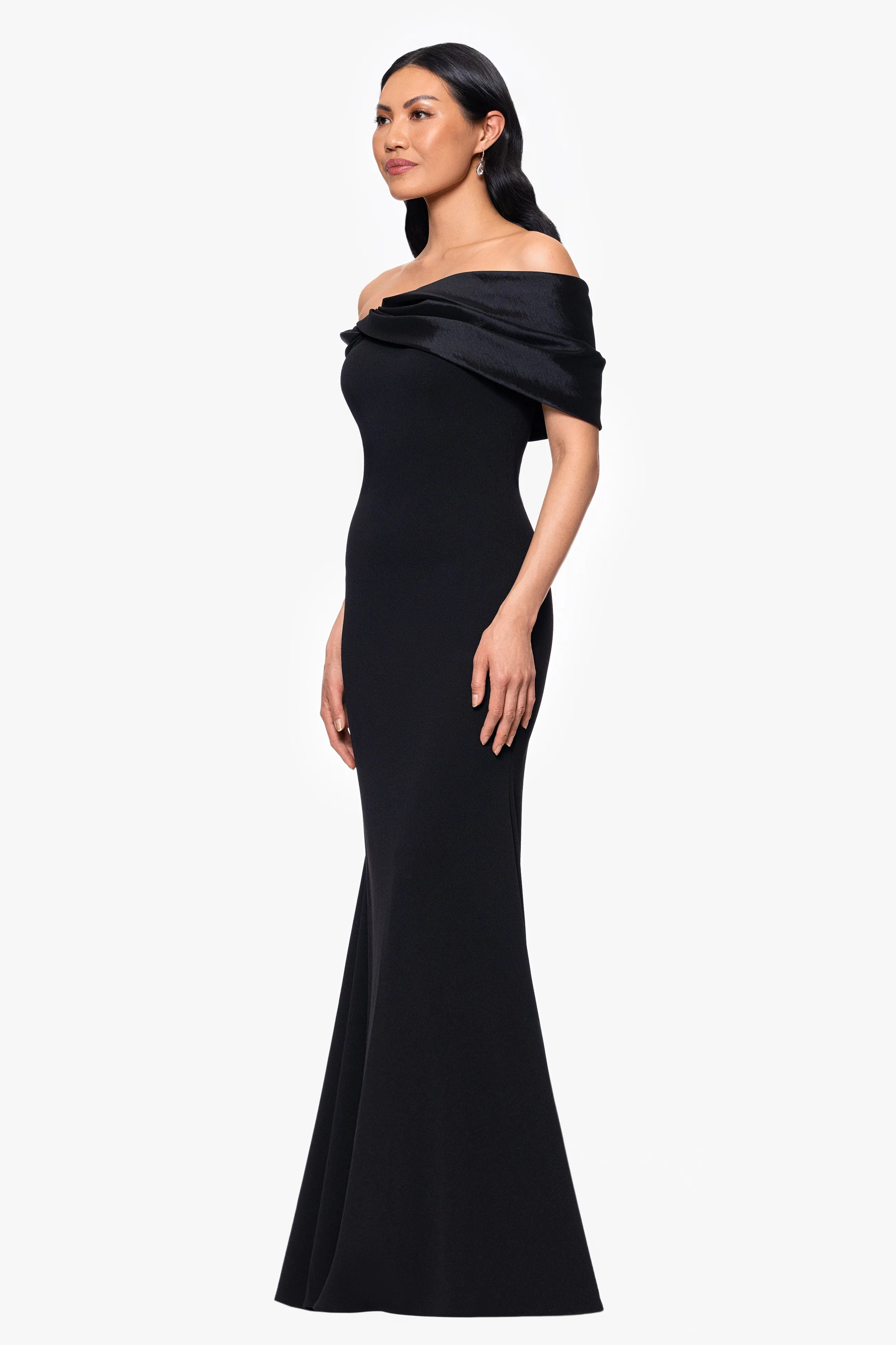 Petite "Michelle" Scuba Crepe Off the Shoulder Taffeta Trim Floor Length Dress sold by Betsy & Adam product image thumbnail 5