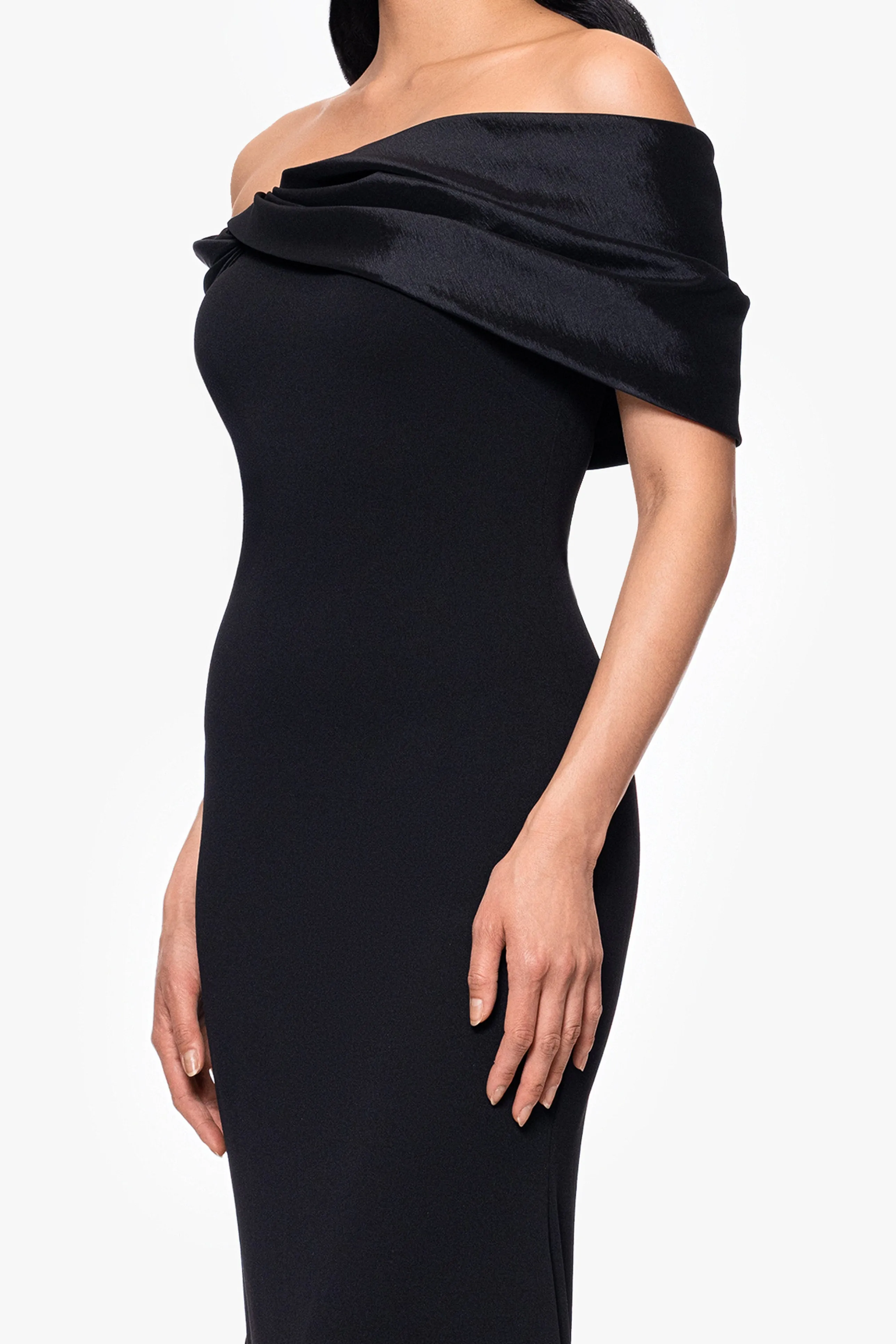 Petite "Michelle" Scuba Crepe Off the Shoulder Taffeta Trim Floor Length Dress sold by Betsy & Adam product image thumbnail 3