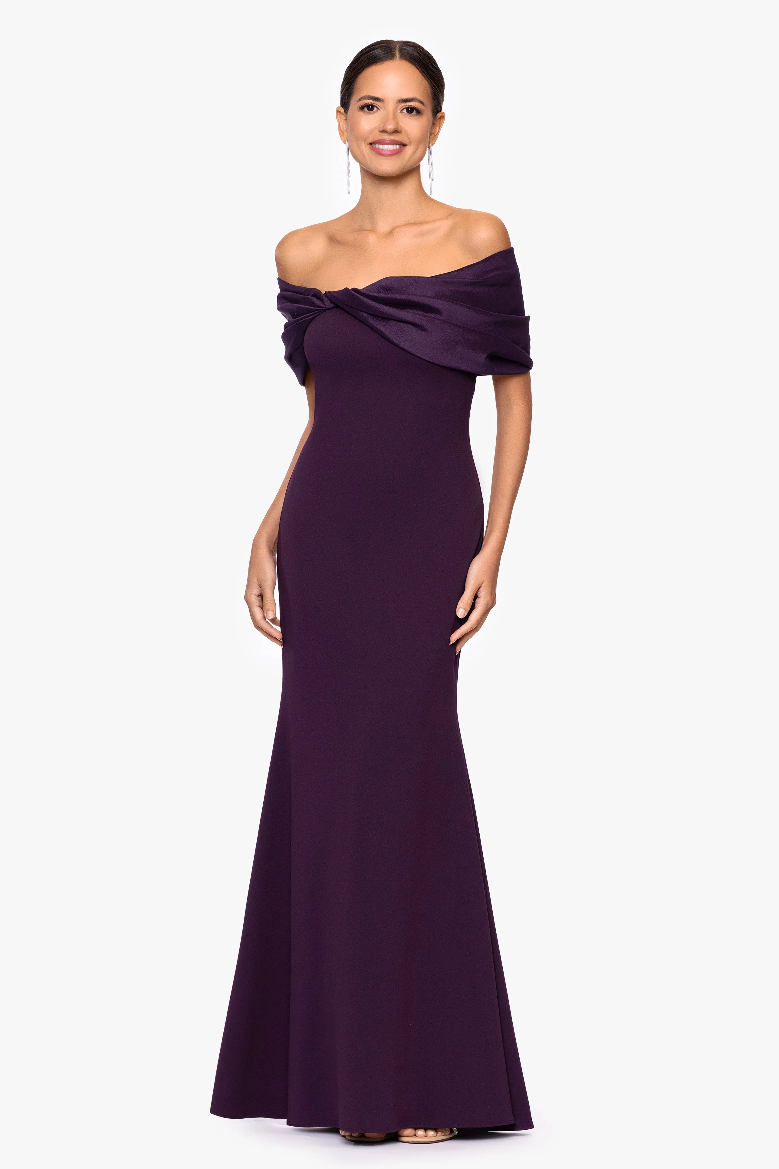 "Michelle" Scuba Crepe Off the Shoulder Taffeta Trim Floor Length Dress sold by Betsy & Adam product image thumbnail 5
