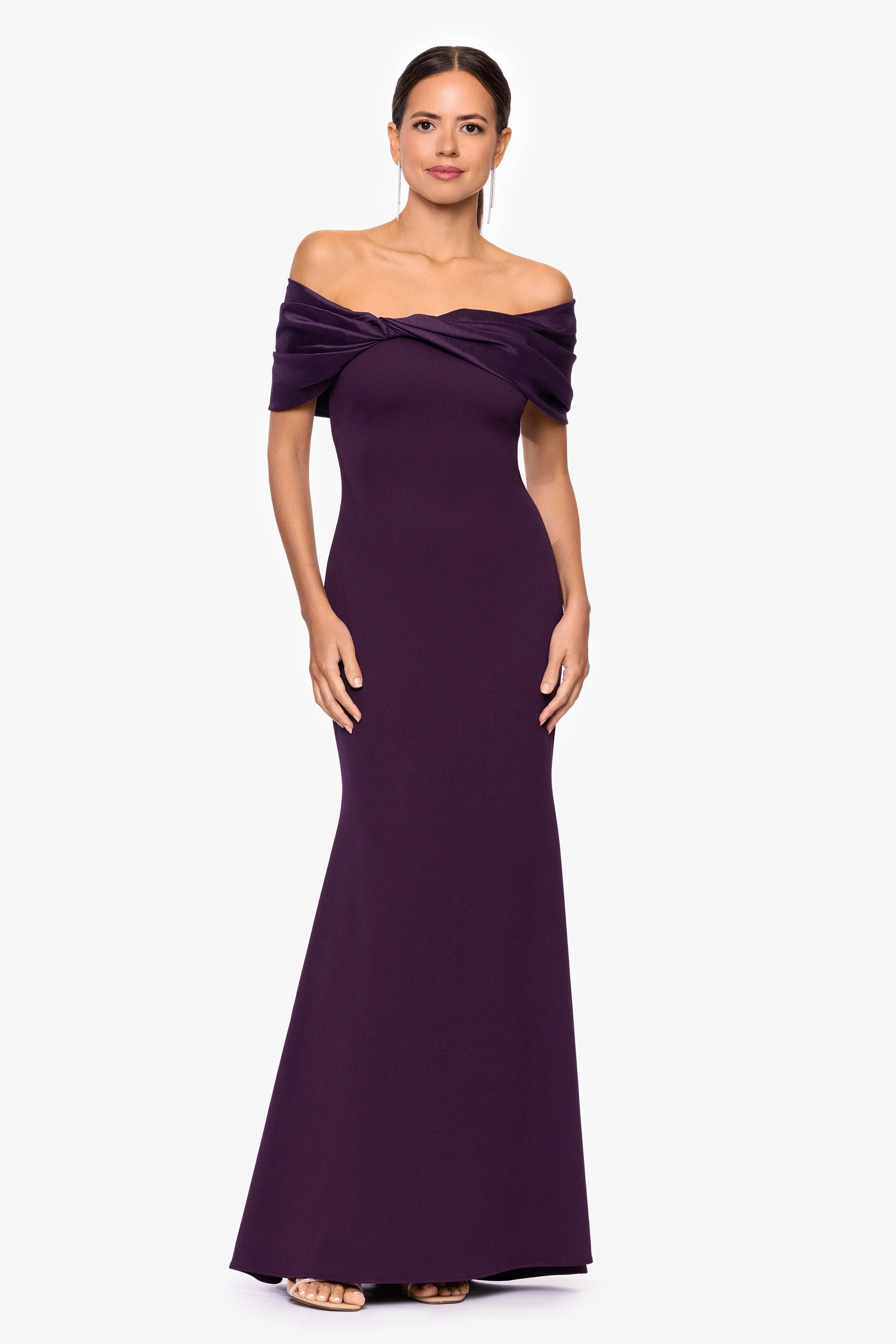 "Michelle" Scuba Crepe Off the Shoulder Taffeta Trim Floor Length Dress sold by Betsy & Adam