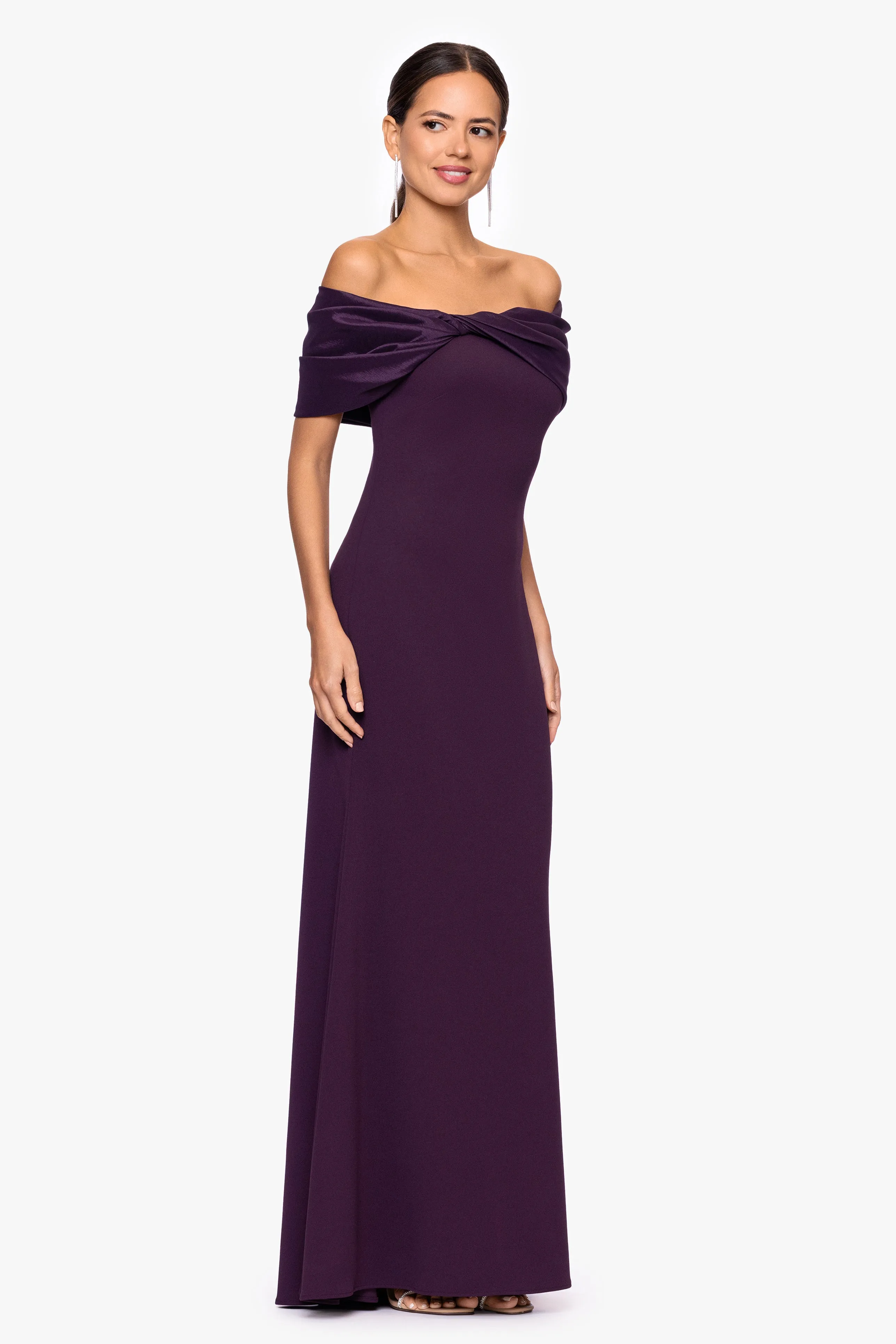 "Michelle" Scuba Crepe Off the Shoulder Taffeta Trim Floor Length Dress sold by Betsy & Adam product image thumbnail 4