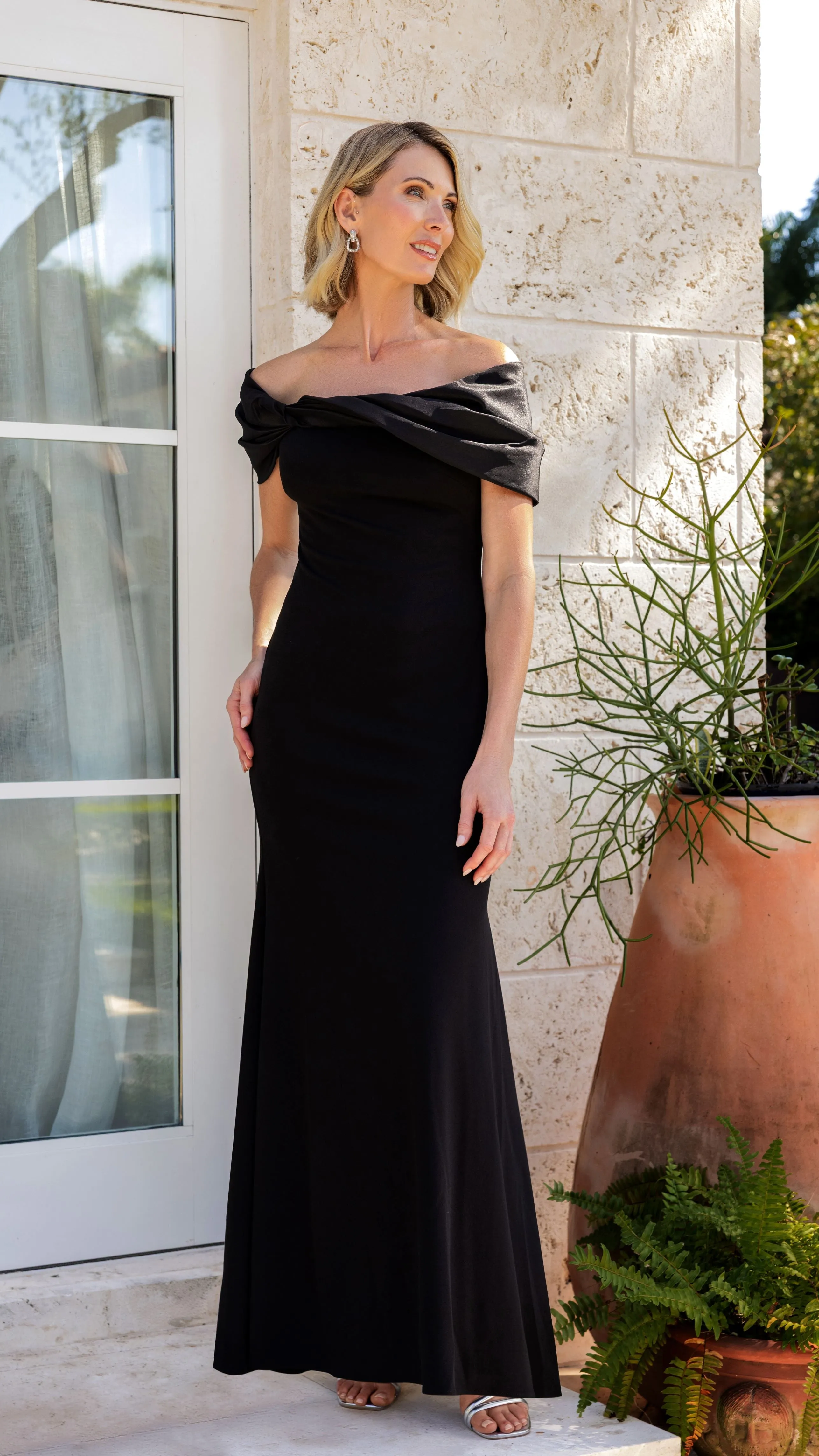 "Michelle" Scuba Crepe Off the Shoulder Taffeta Trim Floor Length Dress sold by Betsy & Adam