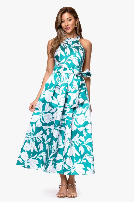 "Natalia" Mikado Print Bow Waist Midi Dress sold by Betsy & Adam