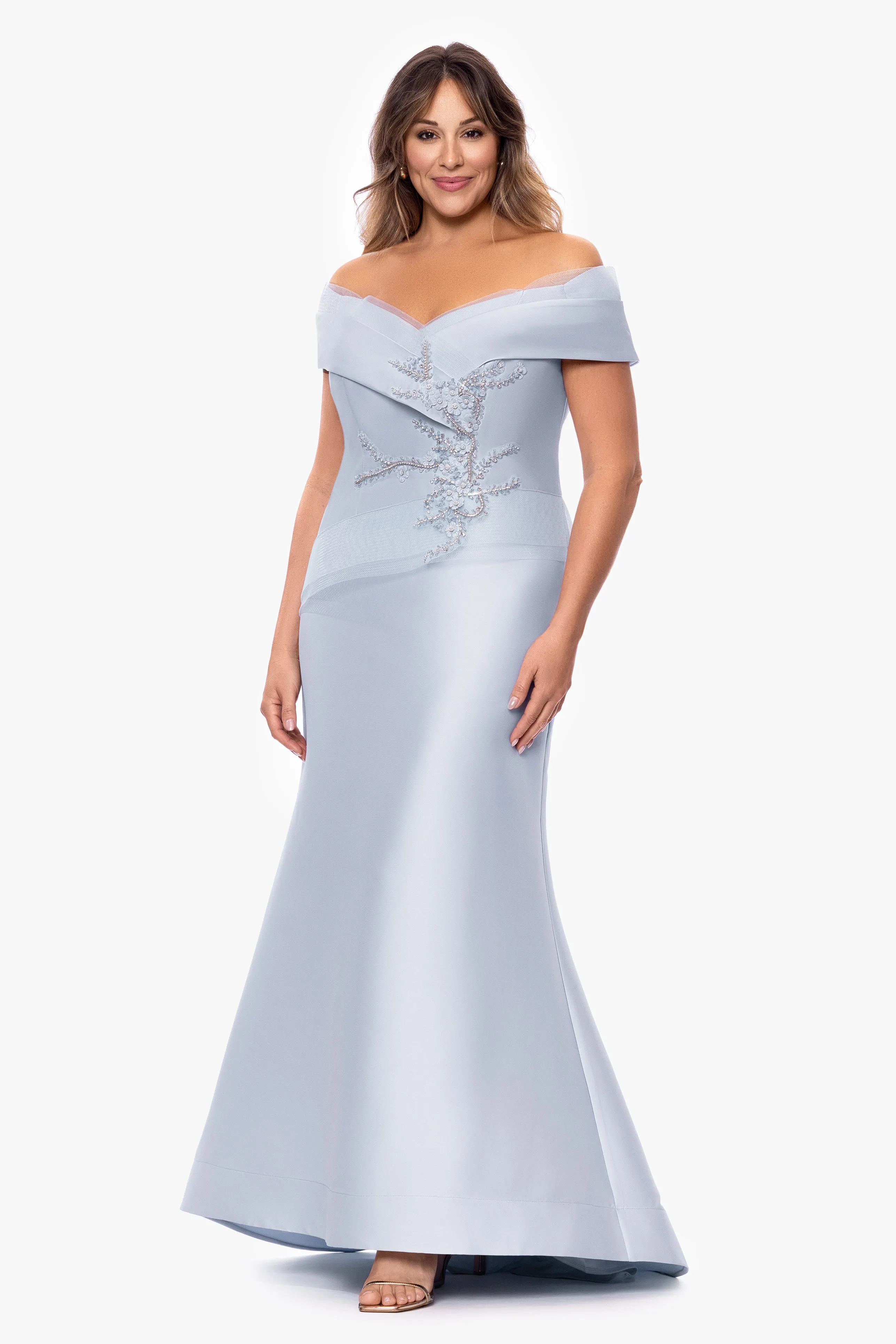 Plus "Zara" Mikado Off the Shoulder Floral Bead Floor Length Dress sold by Betsy & Adam product image thumbnail 3