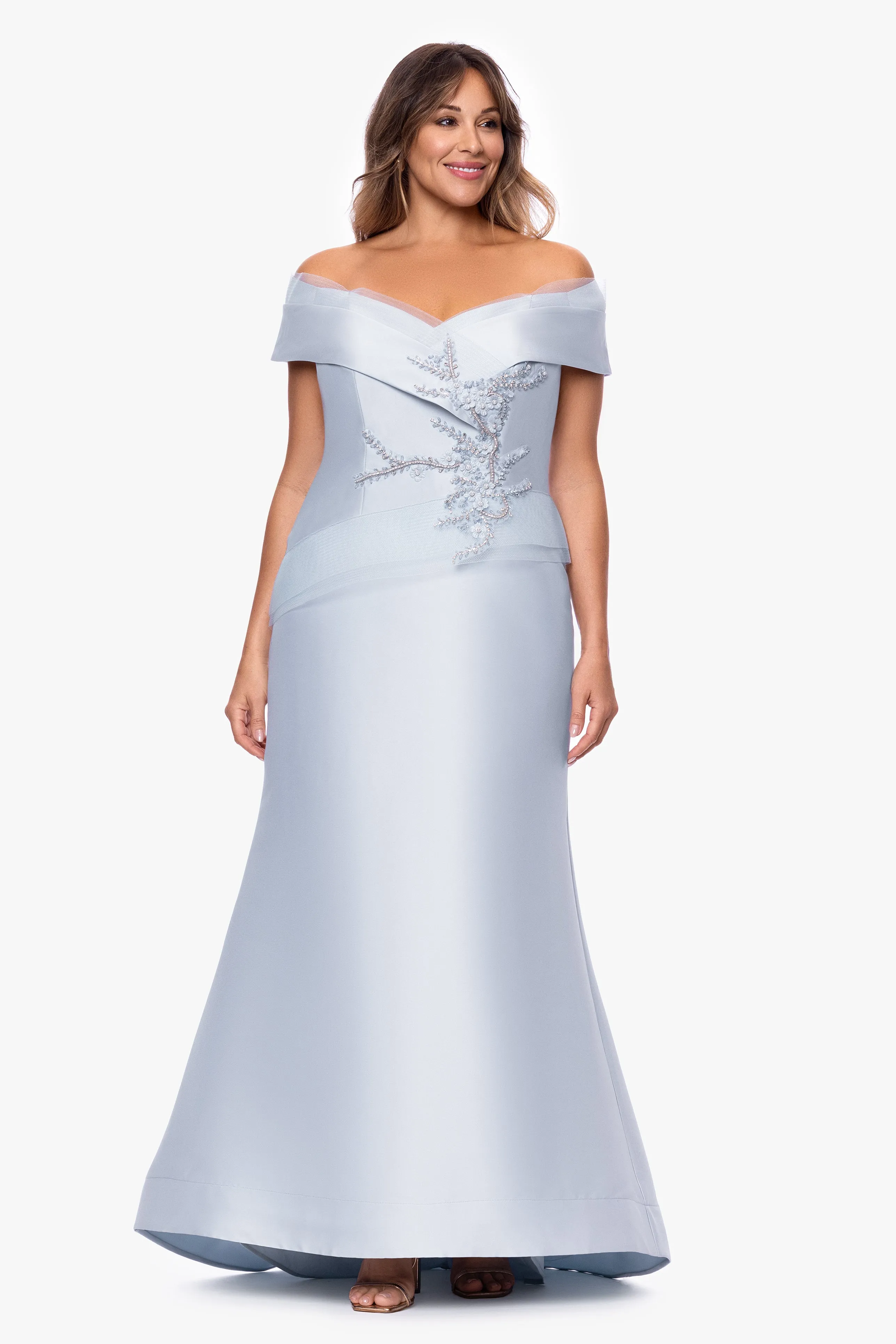 Plus "Zara" Mikado Off the Shoulder Floral Bead Floor Length Dress sold by Betsy & Adam