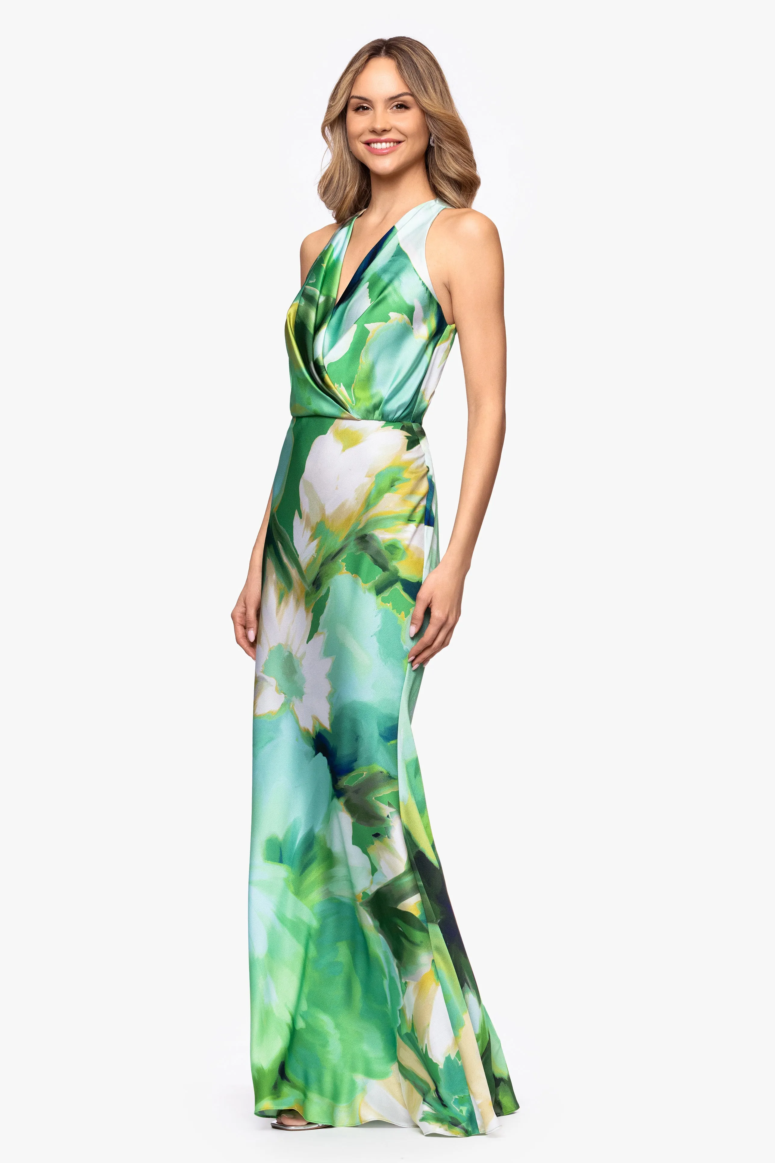 "Solana" Satin Print V-Neck Floor Length Dress sold by Betsy & Adam product image thumbnail 4