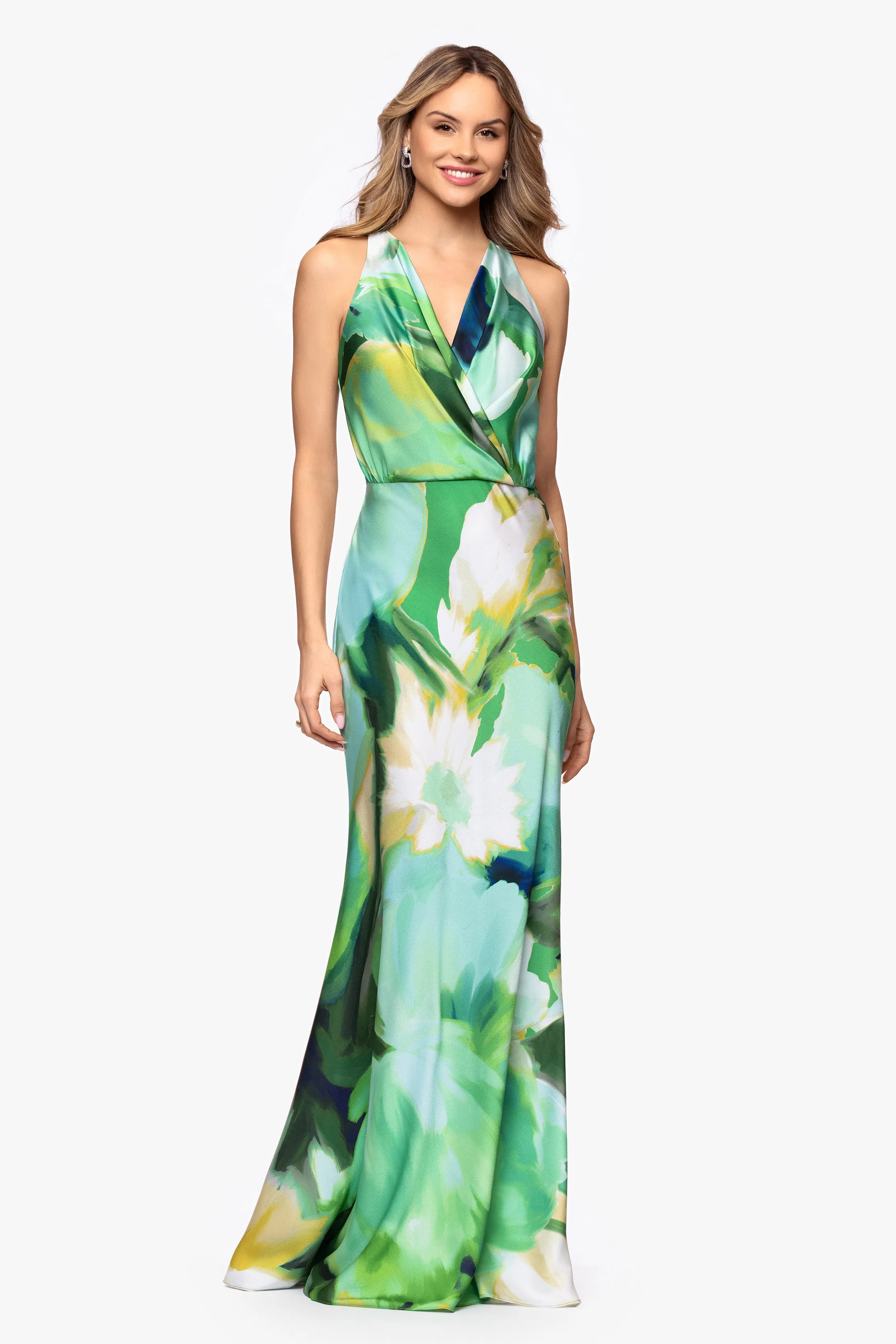 "Solana" Satin Print V-Neck Floor Length Dress sold by Betsy & Adam product image thumbnail 2