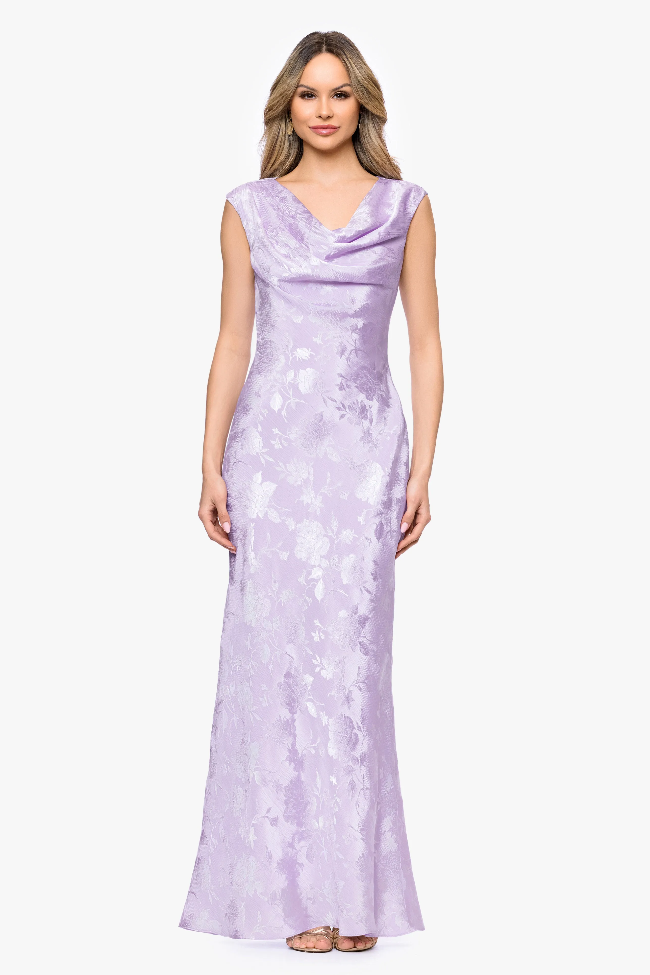 "Kayley" Jacquard Cowl Neck Floor Length Dress sold by Betsy & Adam