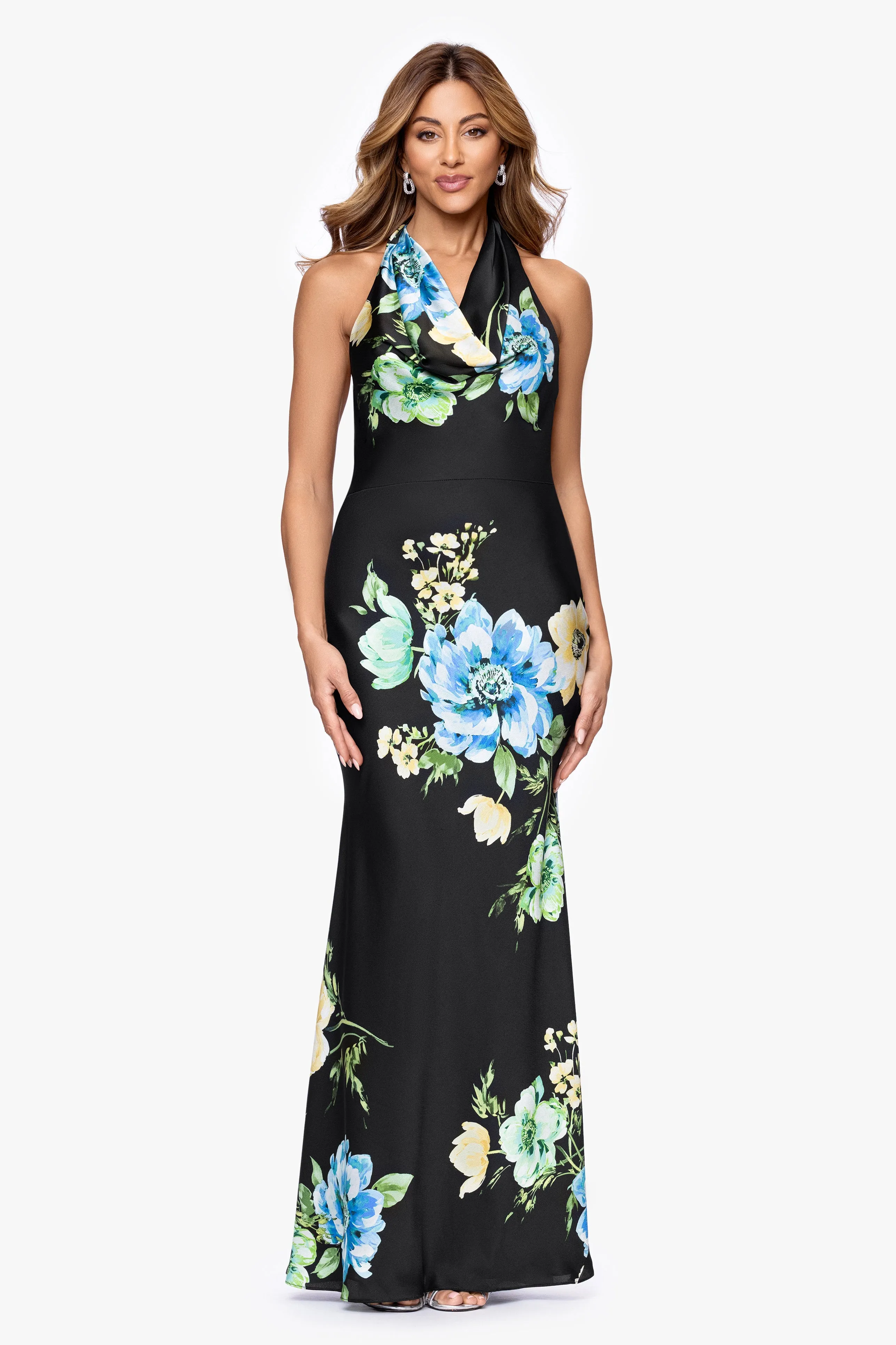 "Delaney" Printed Flower Satin Tie Neck Floor Length Dress sold by Betsy & Adam