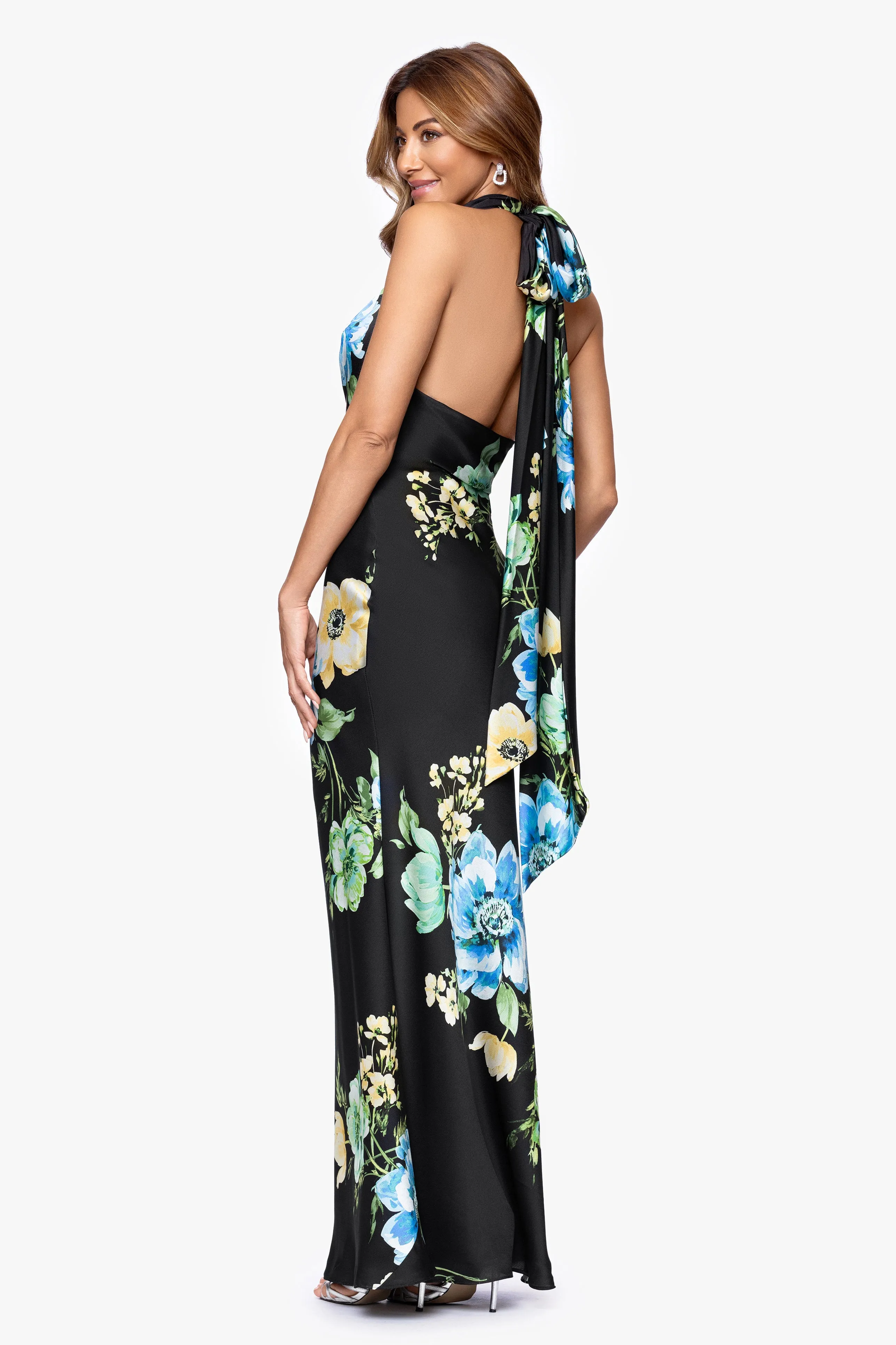"Delaney" Printed Flower Satin Tie Neck Floor Length Dress sold by Betsy & Adam product image thumbnail 3