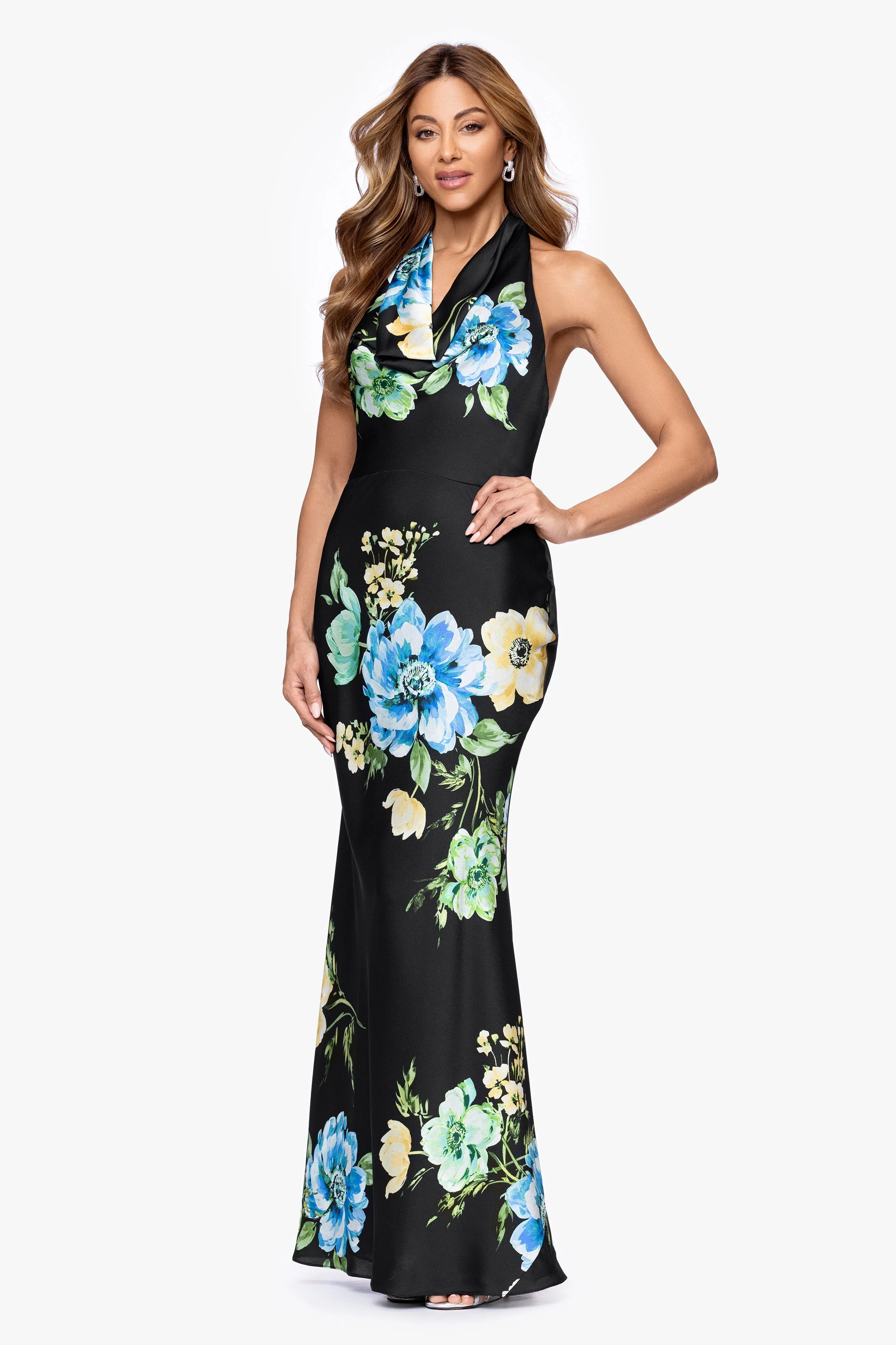 "Delaney" Printed Flower Satin Tie Neck Floor Length Dress sold by Betsy & Adam product image thumbnail 4