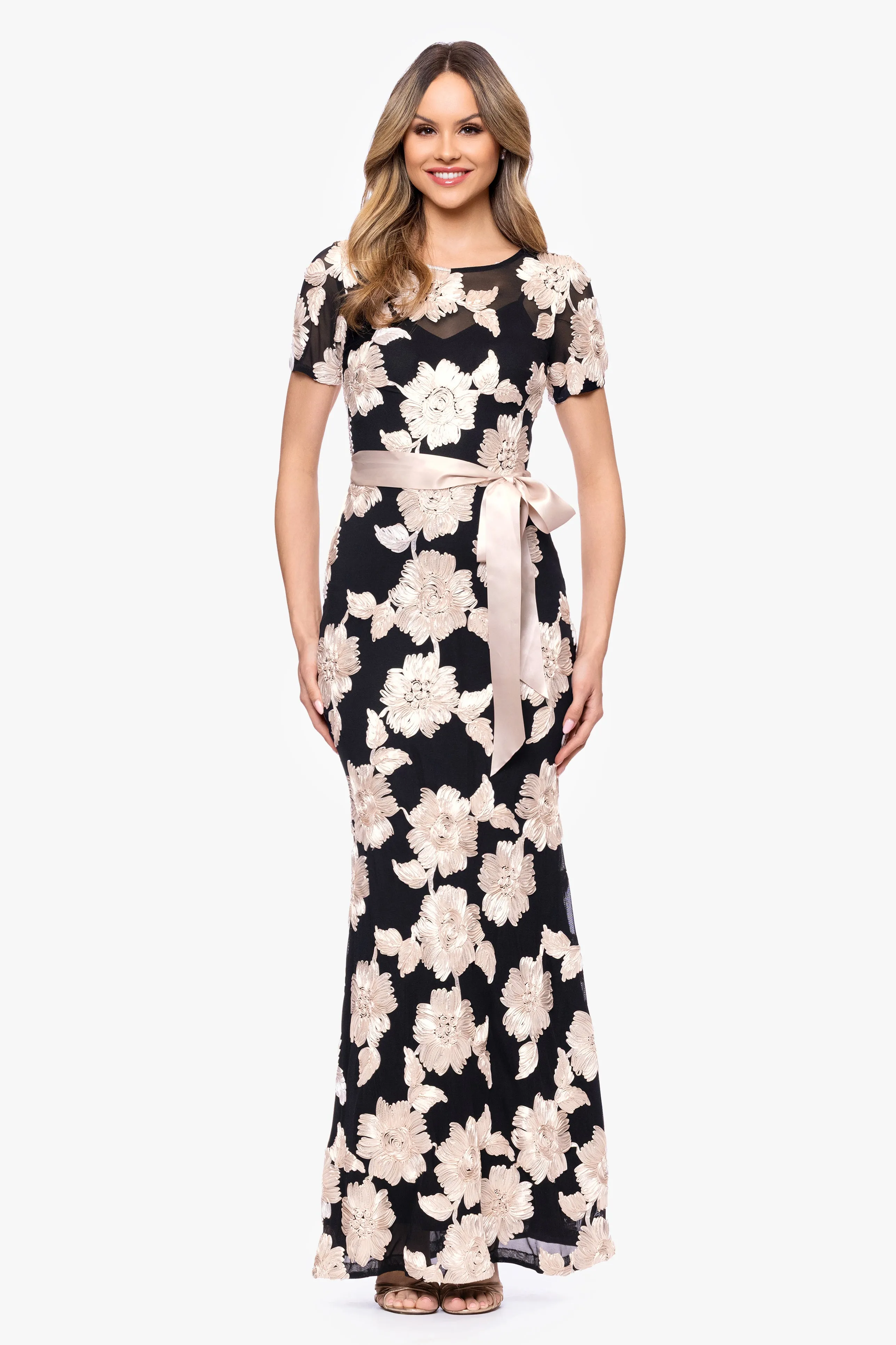 "Giselle" Soutache Mesh Short Sleeve Floor Length Dress sold by Betsy & Adam