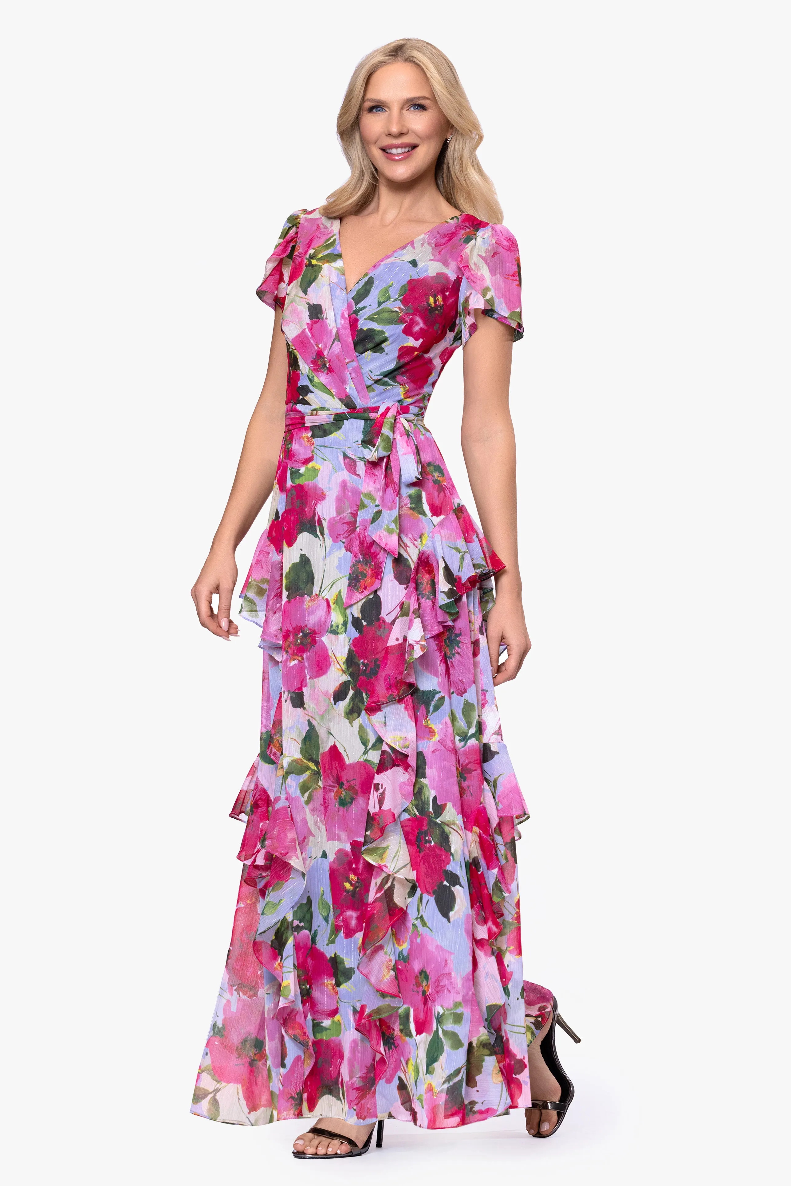 Petite "Margot" Chiffon Print Ruffle Wrap Floor Length Dress sold by Betsy & Adam product image thumbnail 4