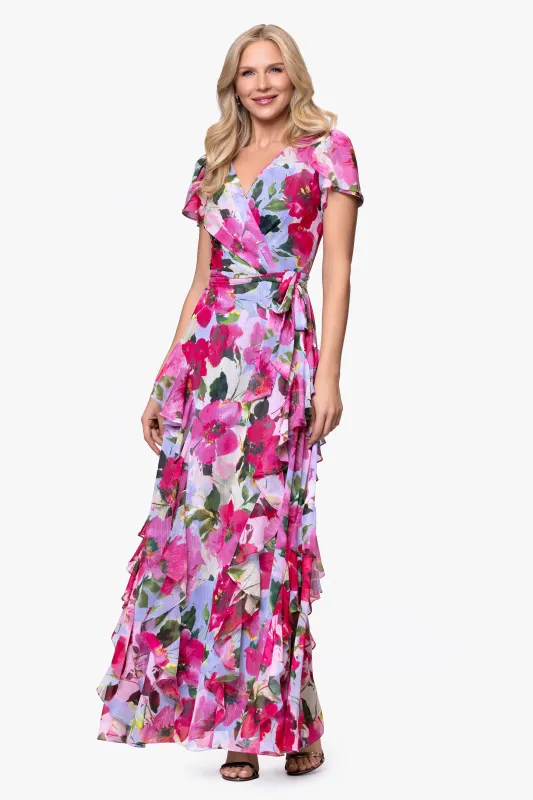 Petite "Margot" Chiffon Print Ruffle Wrap Floor Length Dress made by Betsy & Adam