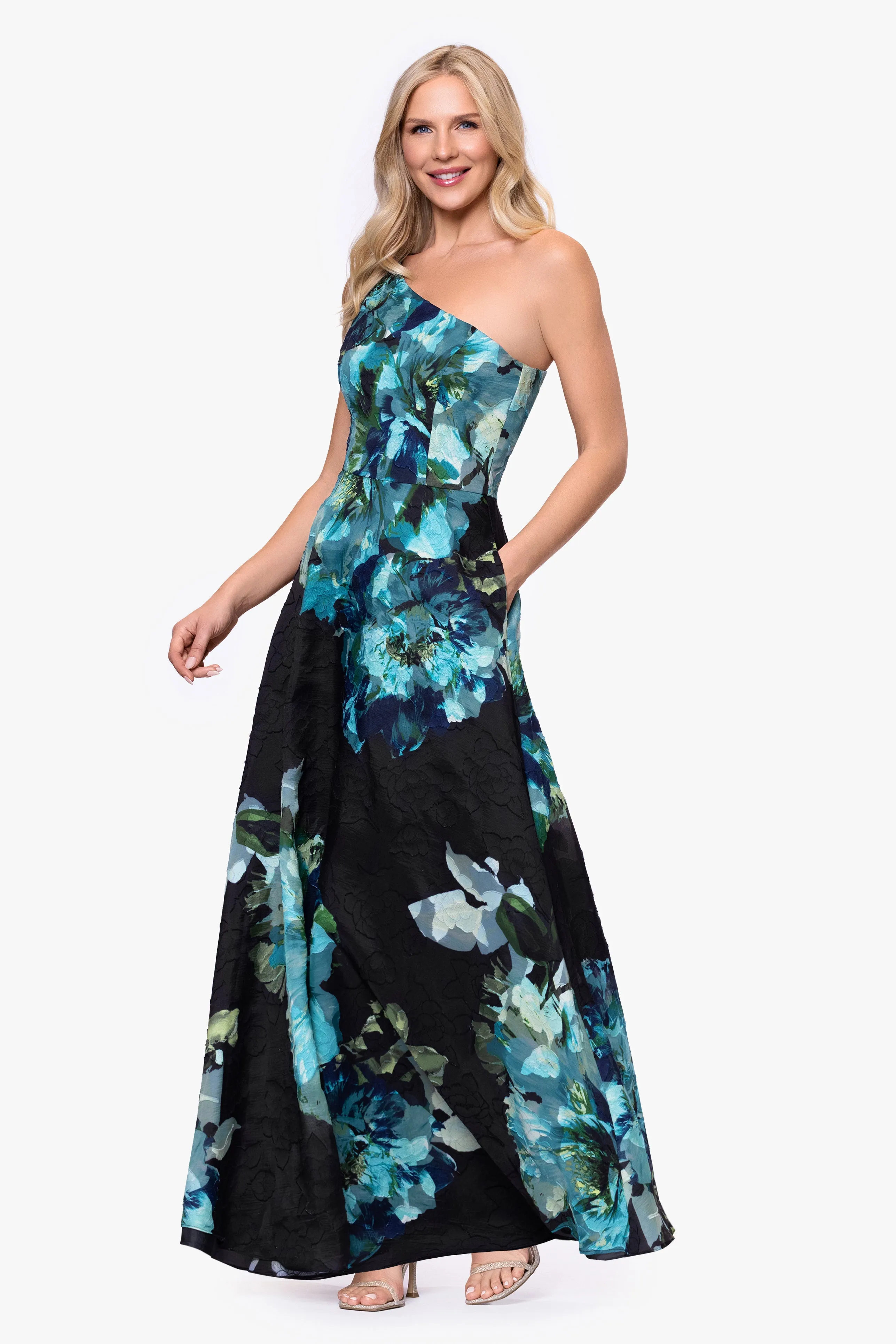Petite "Carli" Organza Jacquard Burnout One Shoulder Floor Length Dress sold by Betsy & Adam product image thumbnail 4
