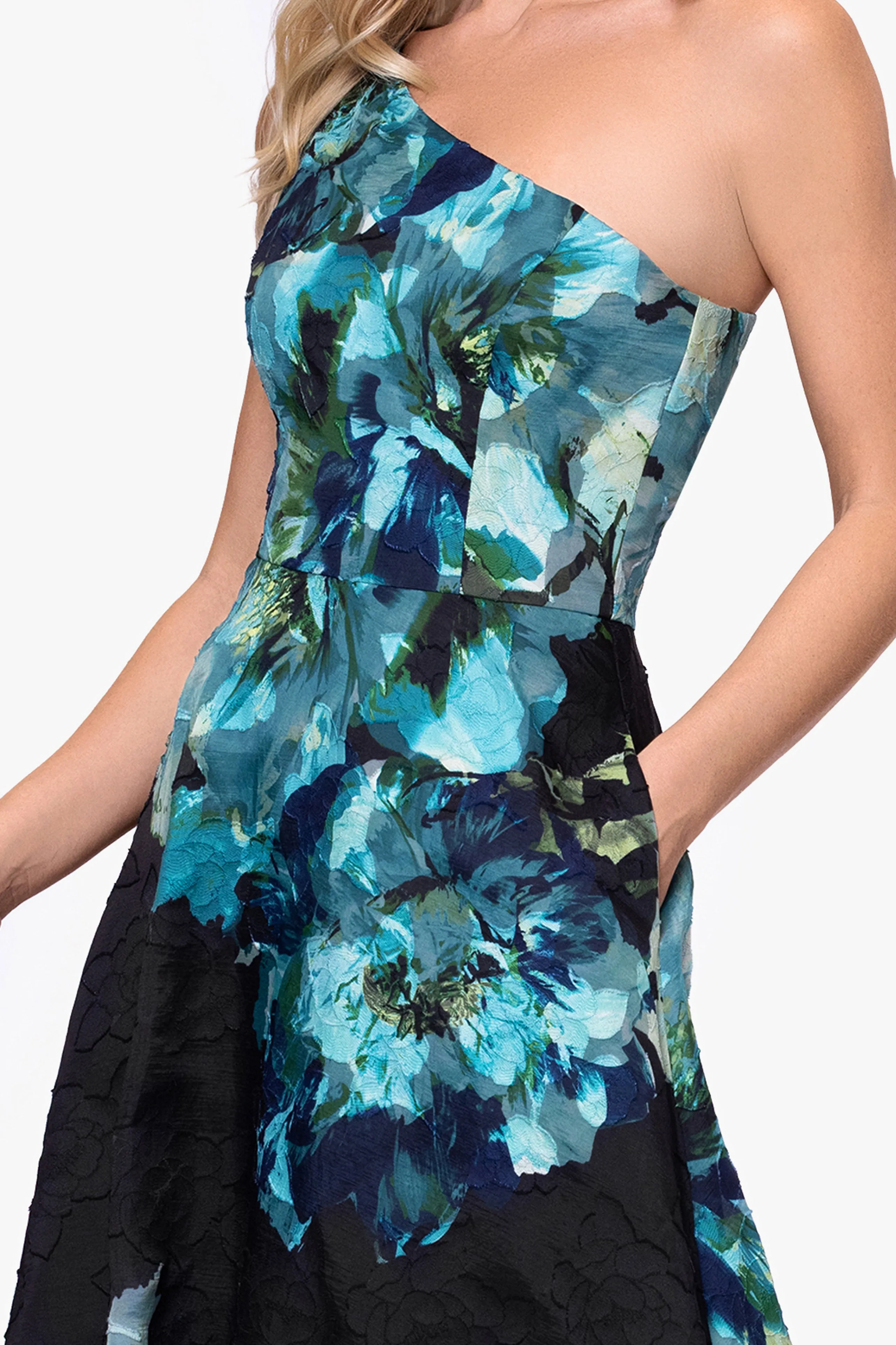 Petite "Carli" Organza Jacquard Burnout One Shoulder Floor Length Dress sold by Betsy & Adam product image thumbnail 2