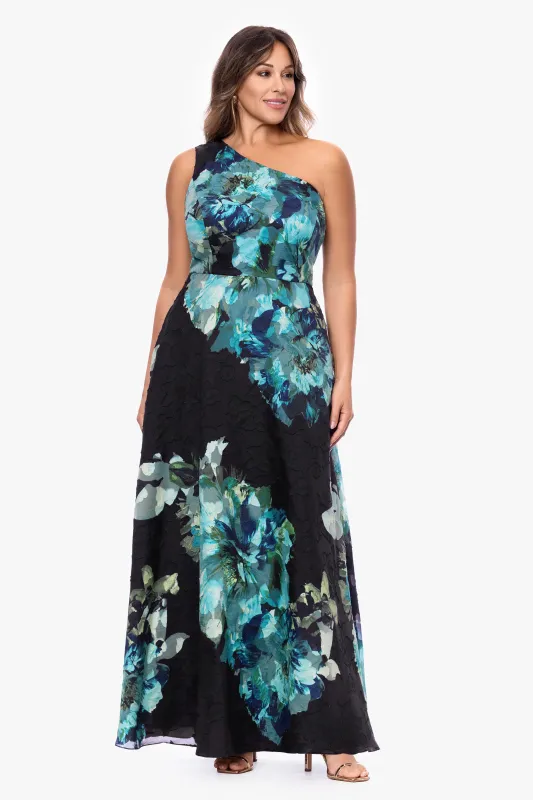 Plus "Carli" Organza Jacquard Burnout One Shoulder Floor Length Dress sold by Betsy & Adam