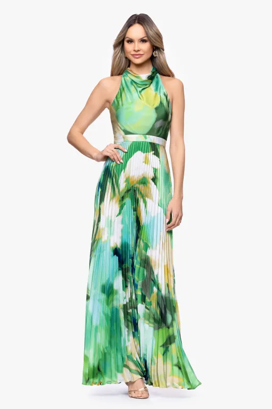 Petite "Brynn" Satin Cowl Neck Pleated Skirt Floor Length Dress sold by Betsy & Adam