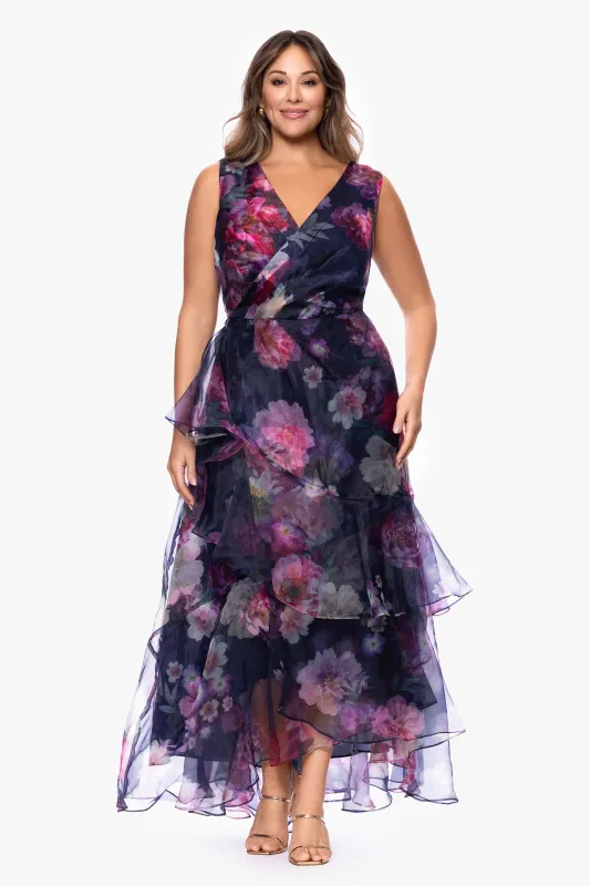 Plus "Florence" Printed Organza V-Neck Floor Length Dress made by Betsy & Adam