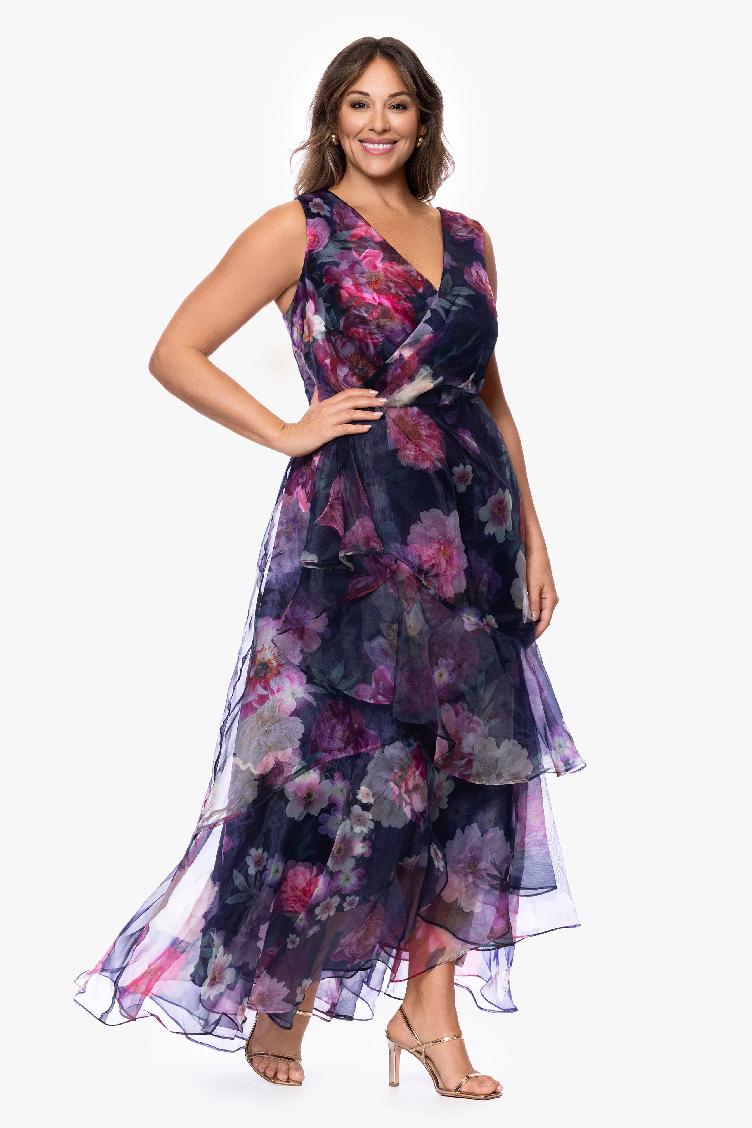 Plus "Florence" Printed Organza V-Neck Floor Length Dress sold by Betsy & Adam product image thumbnail 4